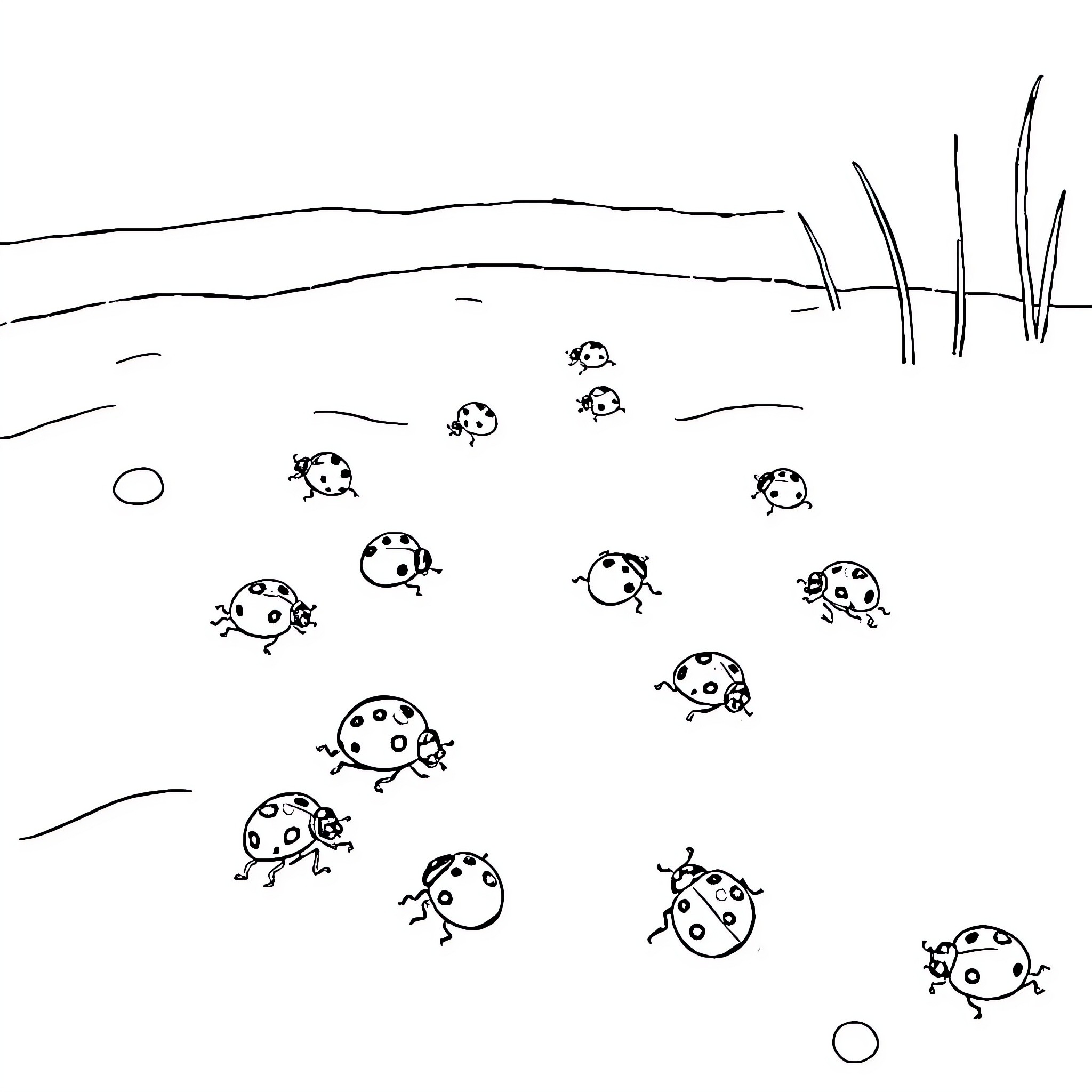 Ladybugs scurrying across the grass Coloring Page (free black-and-white line drawing printable PDF for all, from beginners to advanced learners, including children, teens, adults, and seniors)