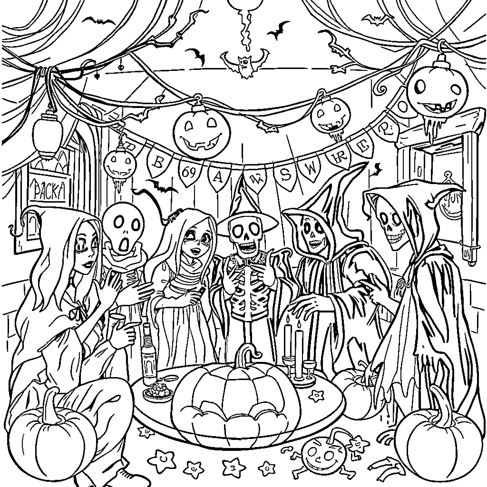 Halloween Celebration with Costumed Characters Coloring Page (free black-and-white line drawing printable PDF for all, from beginners to advanced learners, including children, teens, adults, and seniors)
