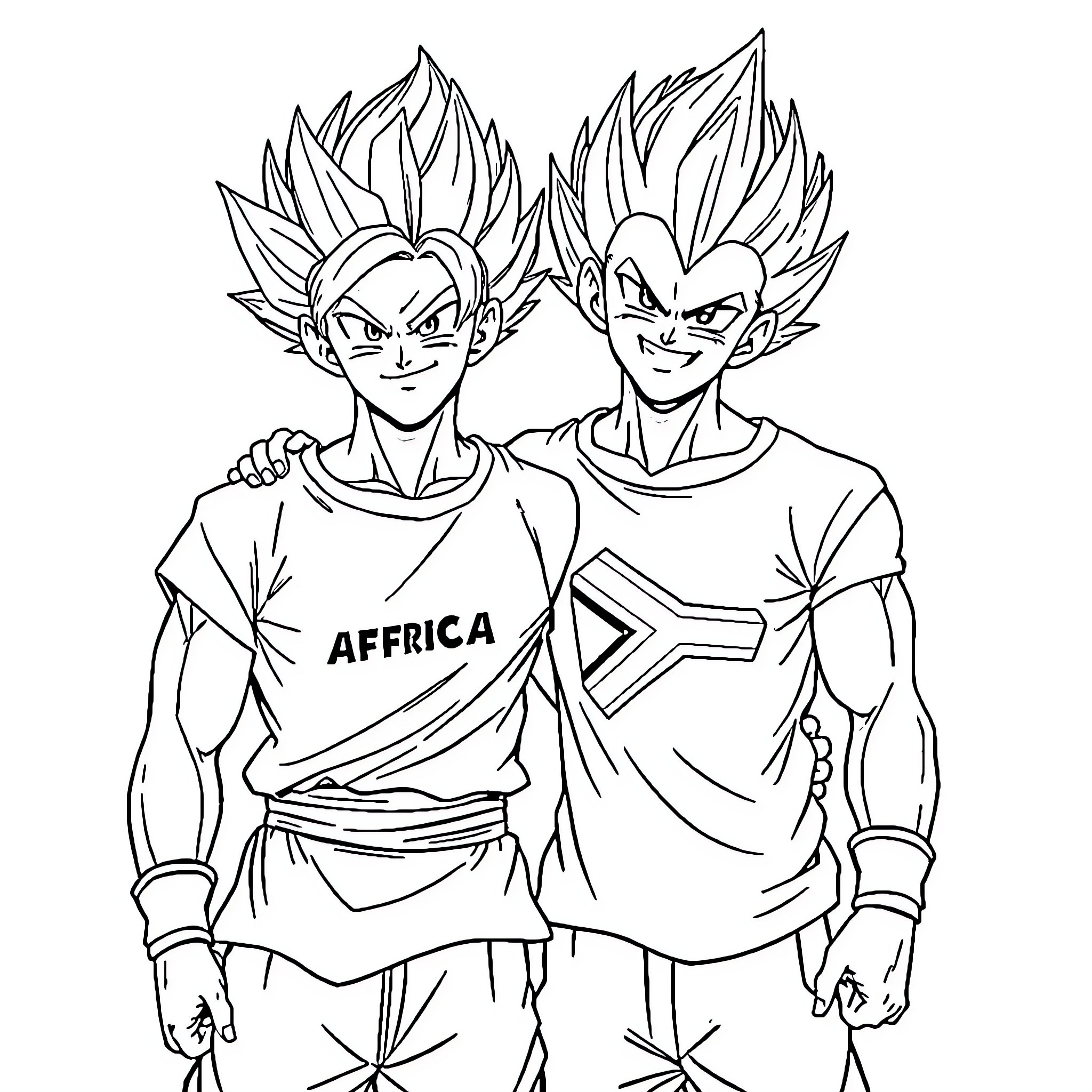 Goku and friend standing defiantly in African attire Coloring Page (free black-and-white line drawing printable PDF for all, from beginners to advanced learners, including children, teens, adults, and seniors)