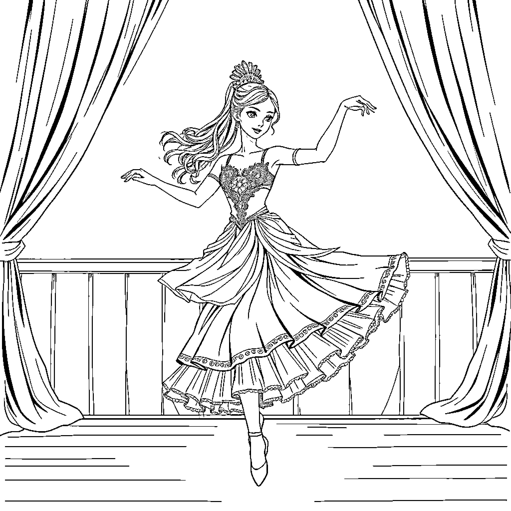 Manga Girl Performing Graceful Dance on Stage Coloring Page (free black-and-white line drawing printable PDF for all, from beginners to advanced learners, including children, teens, adults, and seniors)