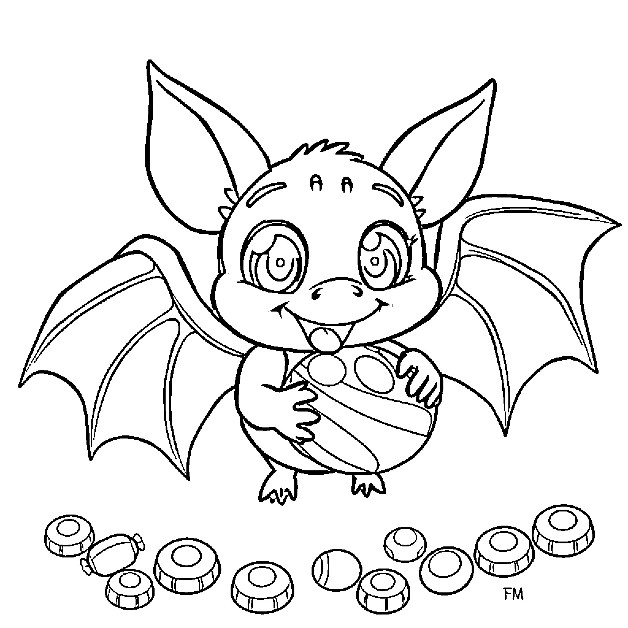 Bat holding a ball and surrounded by objects Coloring Page (free black-and-white line drawing printable PDF for all, from beginners to advanced learners, including children, teens, adults, and seniors)