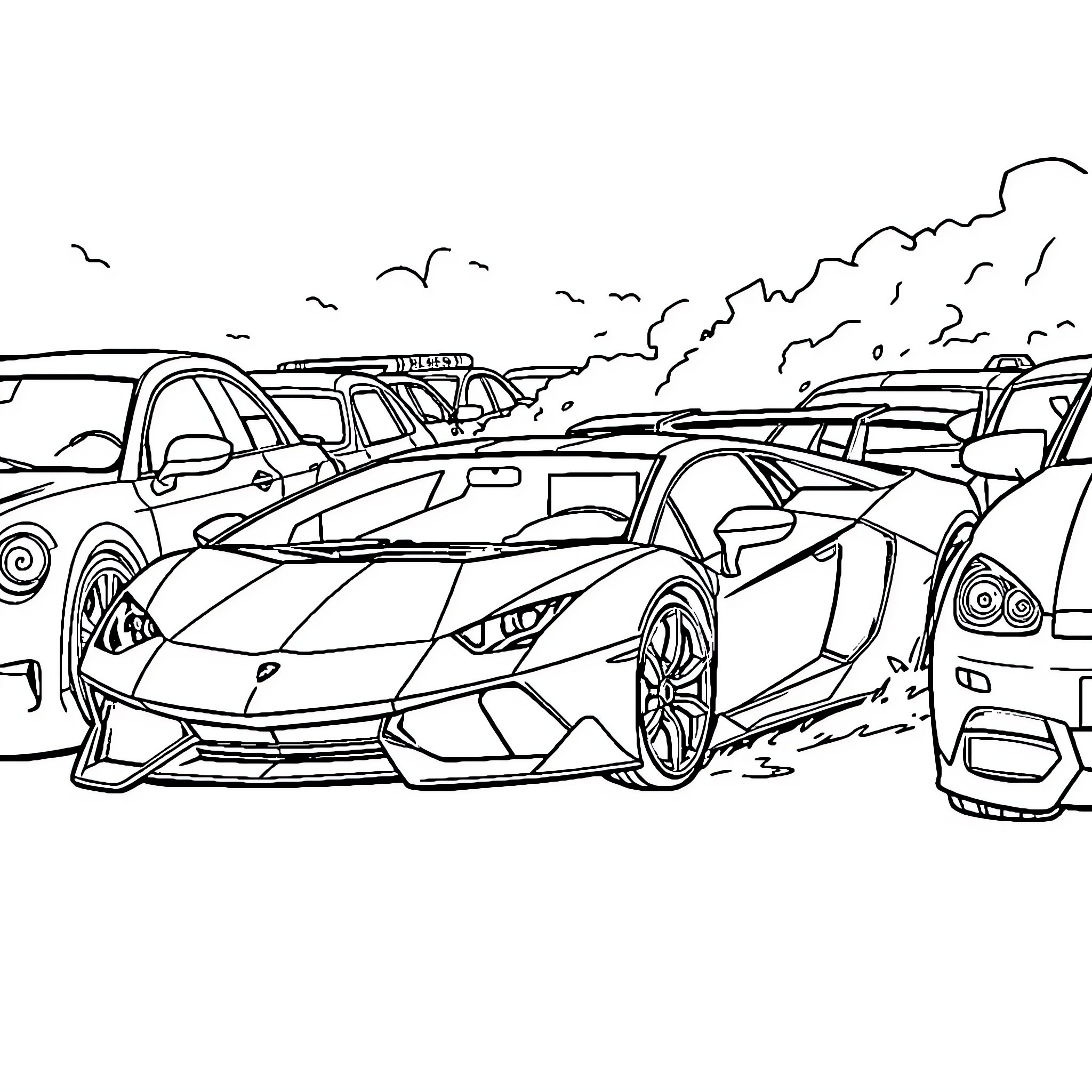 Lamborghini supercars in a racing environment Coloring Page (free black-and-white line drawing printable PDF for all, from beginners to advanced learners, including children, teens, adults, and seniors)