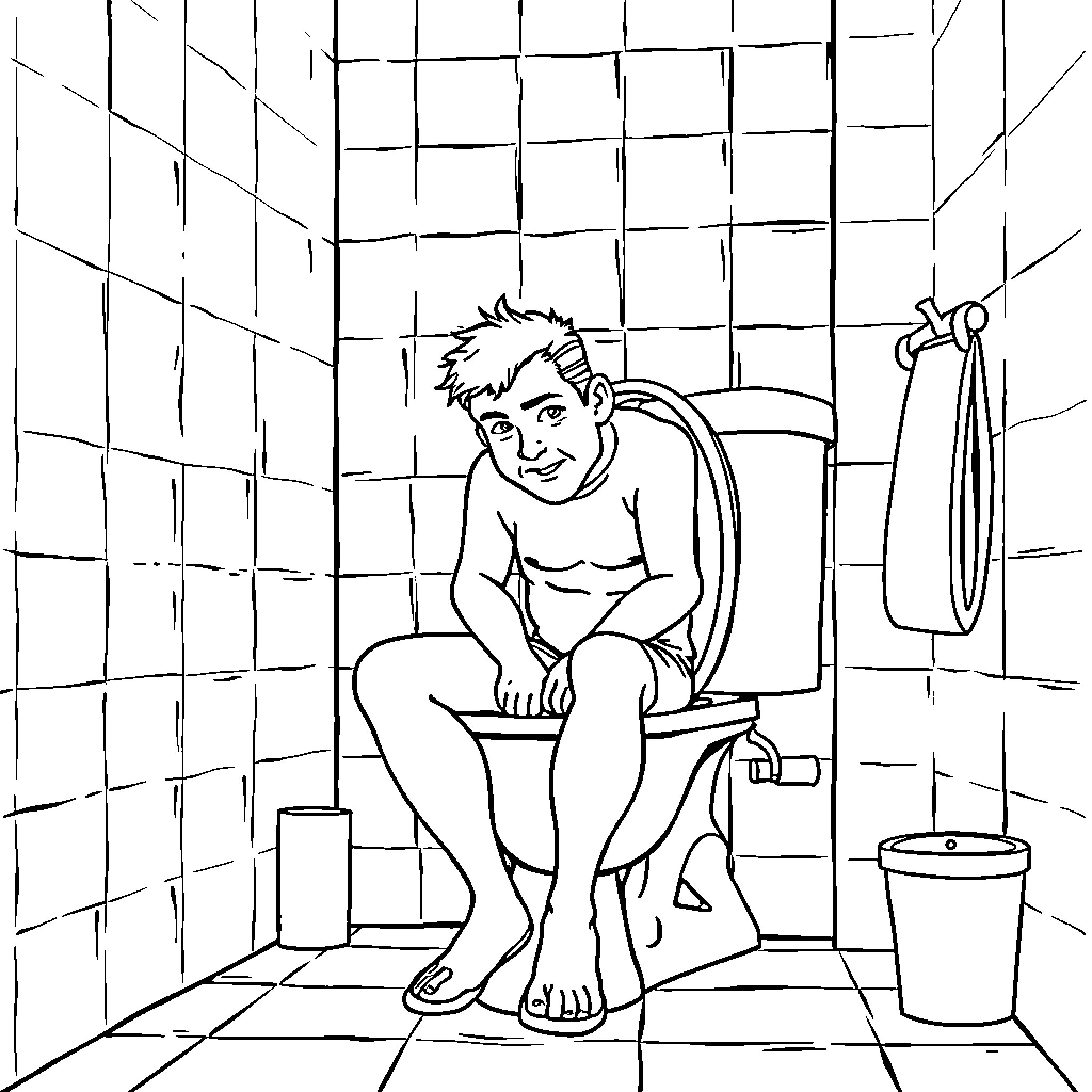 Man sitting on toilet in bathroom stall Coloring Page (free black-and-white line drawing printable PDF for all, from beginners to advanced learners, including children, teens, adults, and seniors)