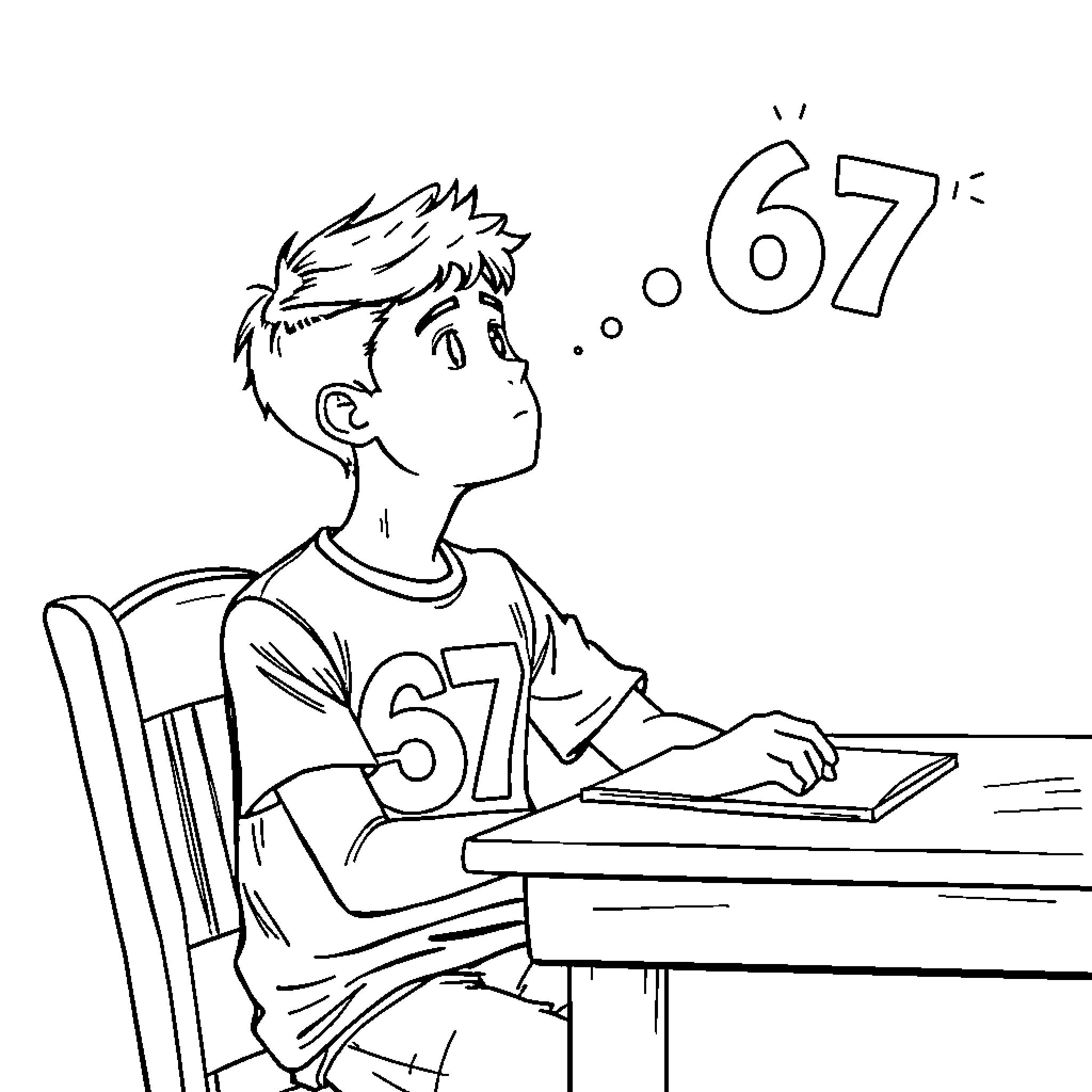 Student solving math problem intently Coloring Page (free black-and-white line drawing printable PDF for all, from beginners to advanced learners, including children, teens, adults, and seniors)