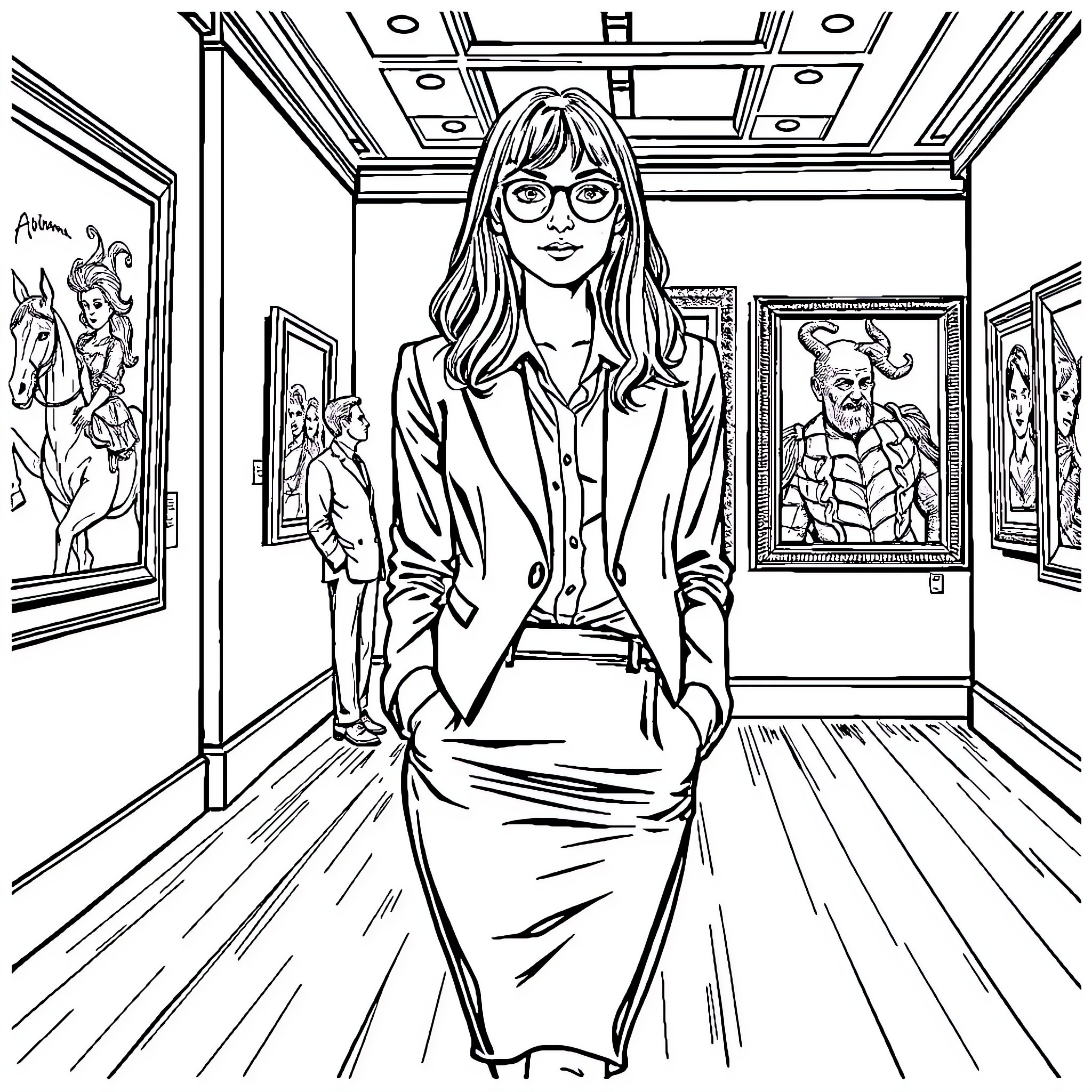 Girl exploring an art gallery with elegant attire Coloring Page (free black-and-white line drawing printable PDF for all, from beginners to advanced learners, including children, teens, adults, and seniors)