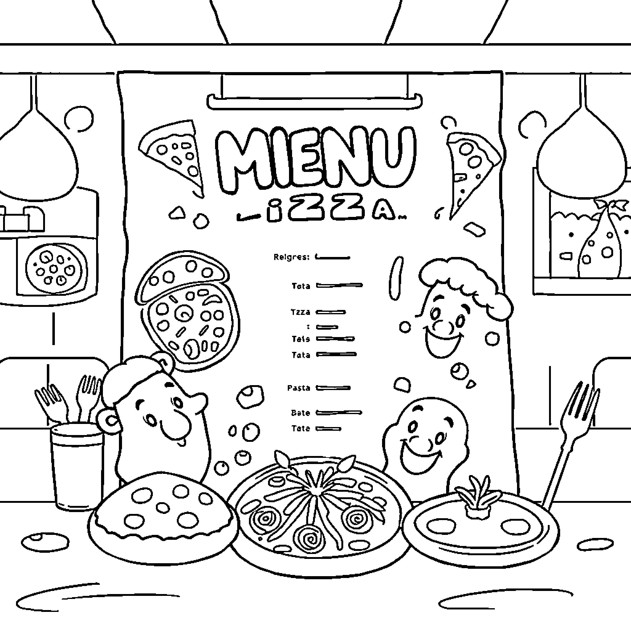 Kids Menu: Playful Pizza Parlor with Smiling Chefs Coloring Page (free black-and-white line drawing printable PDF for all, from beginners to advanced learners, including children, teens, adults, and seniors)