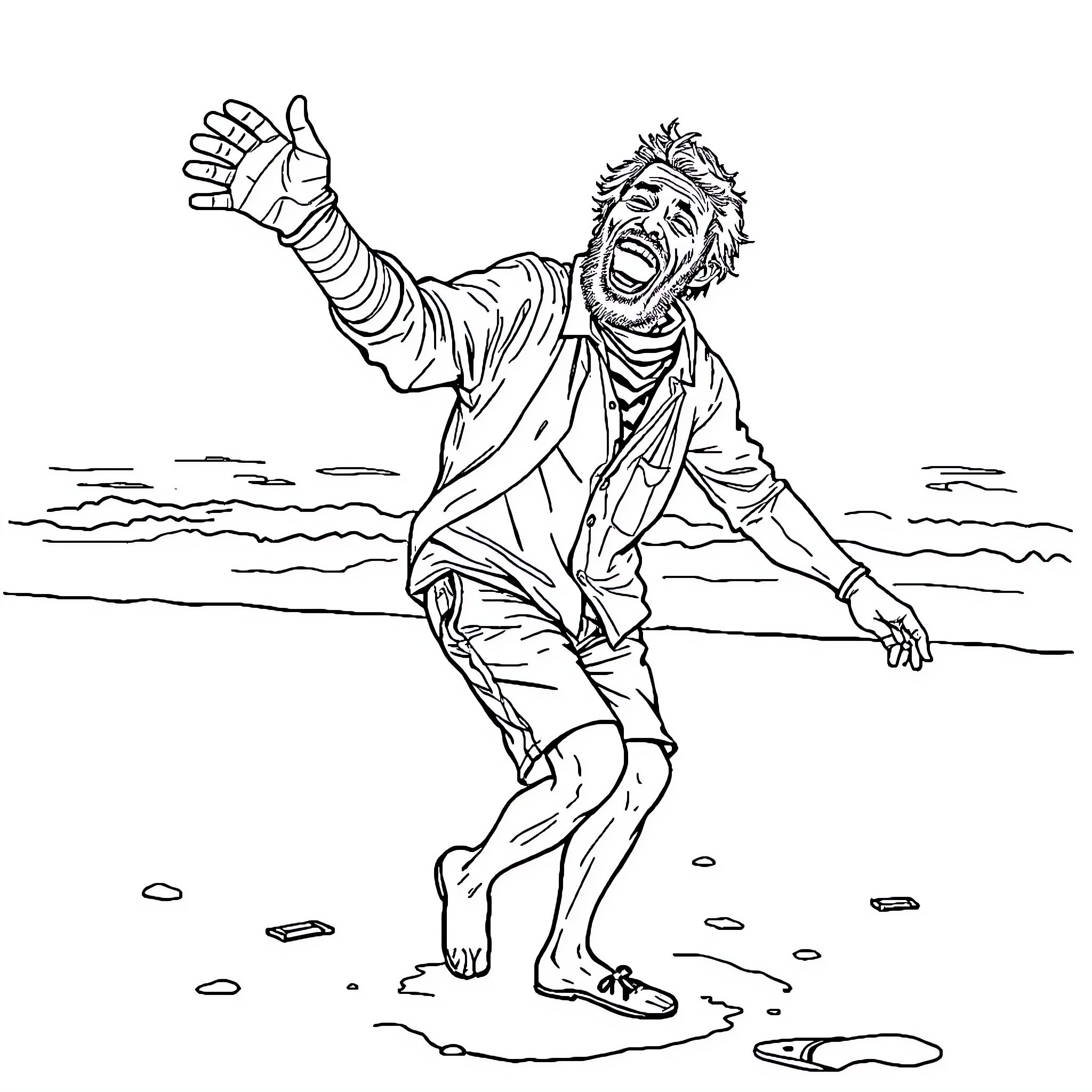 Man frantically waving for help on the shore Coloring Page (free black-and-white line drawing printable PDF for all, from beginners to advanced learners, including children, teens, adults, and seniors)