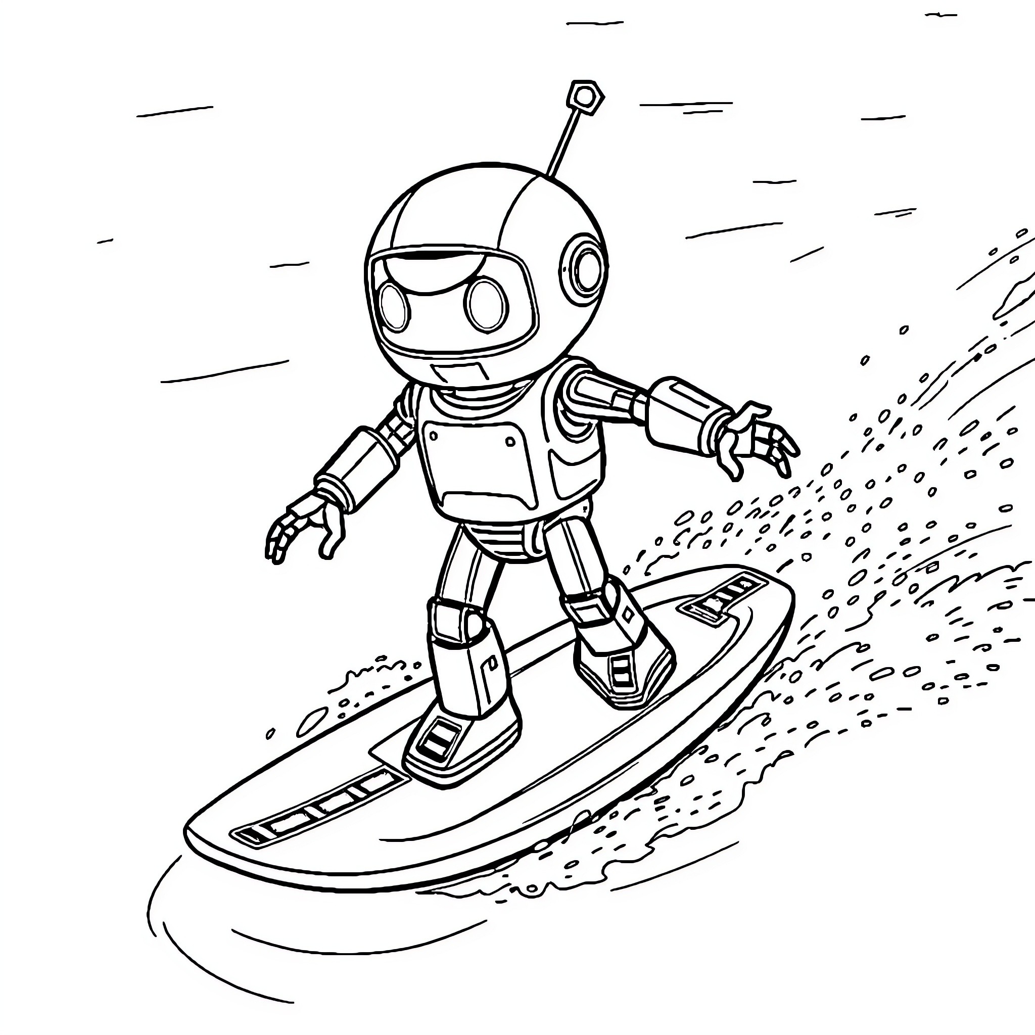 Astro Bot surfing through the waves Coloring Page (free black-and-white line drawing printable PDF for all, from beginners to advanced learners, including children, teens, adults, and seniors)