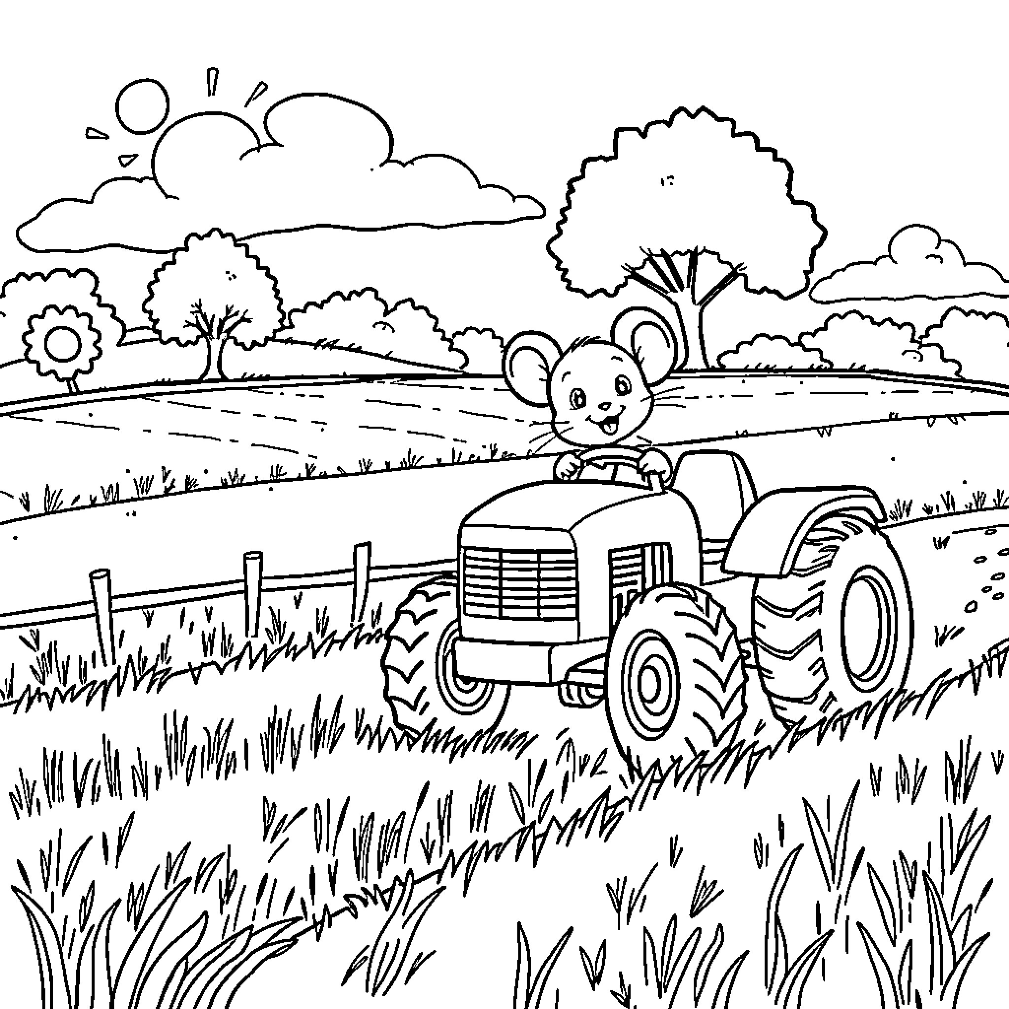 Mouse driving a tractor in the countryside landscape Coloring Page (free black-and-white line drawing printable PDF for all, from beginners to advanced learners, including children, teens, adults, and seniors)