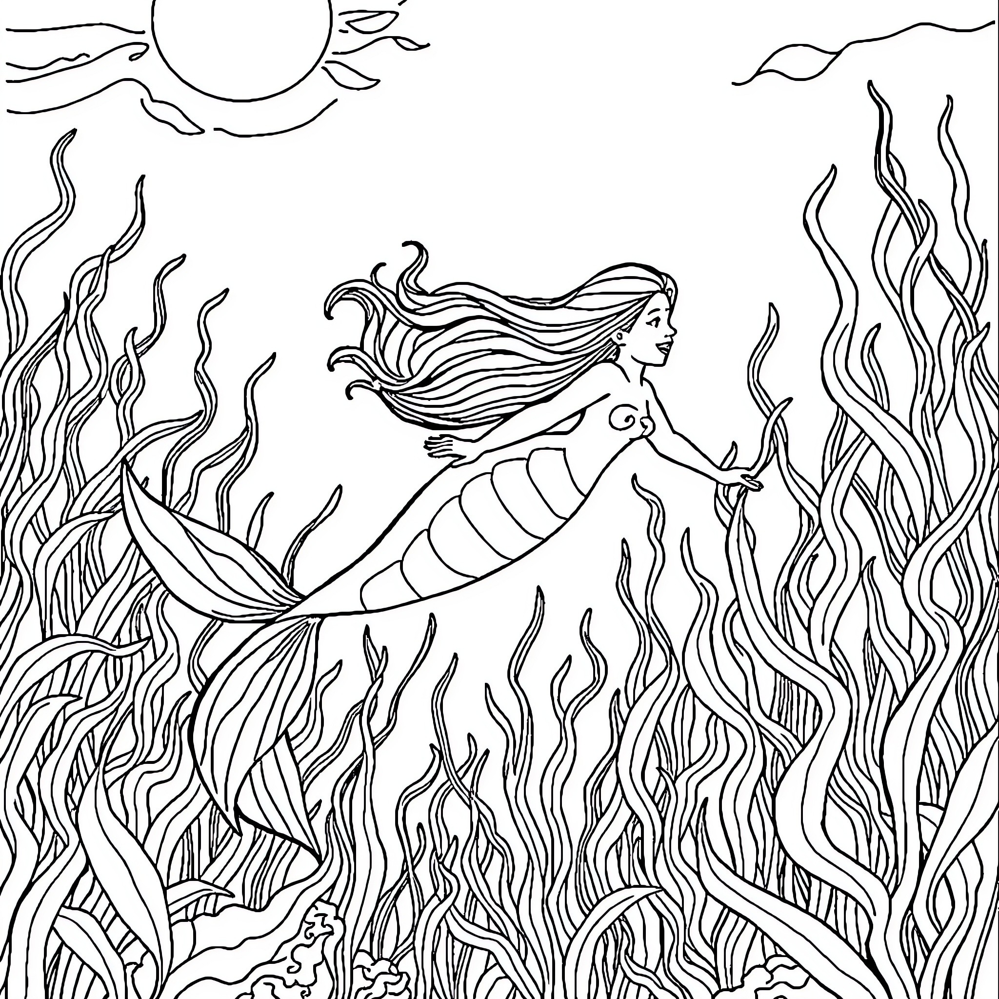 Mermaid swimming through an underwater seascape Coloring Page (free black-and-white line drawing printable PDF for all, from beginners to advanced learners, including children, teens, adults, and seniors)