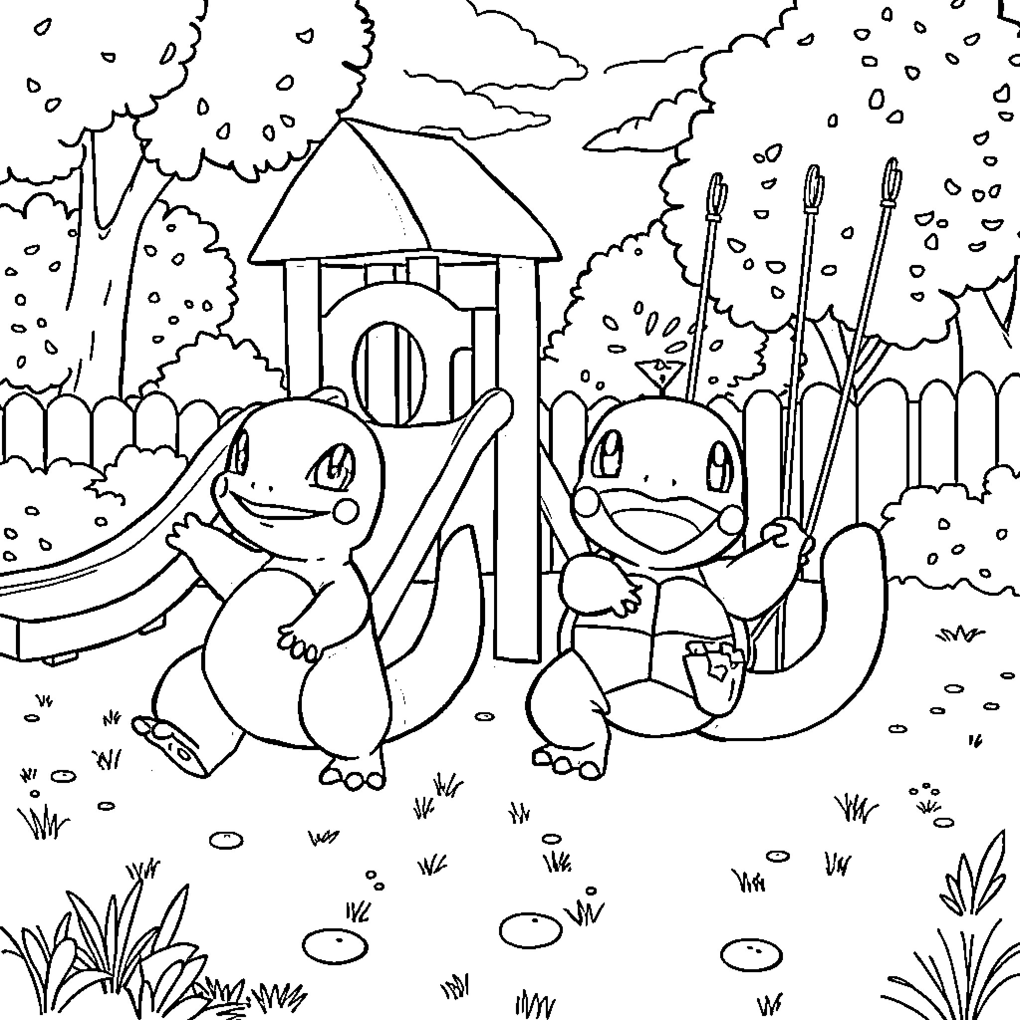 Charmander's Playful Adventure in the Outdoors Coloring Page (free black-and-white line drawing printable PDF for all, from beginners to advanced learners, including children, teens, adults, and seniors)