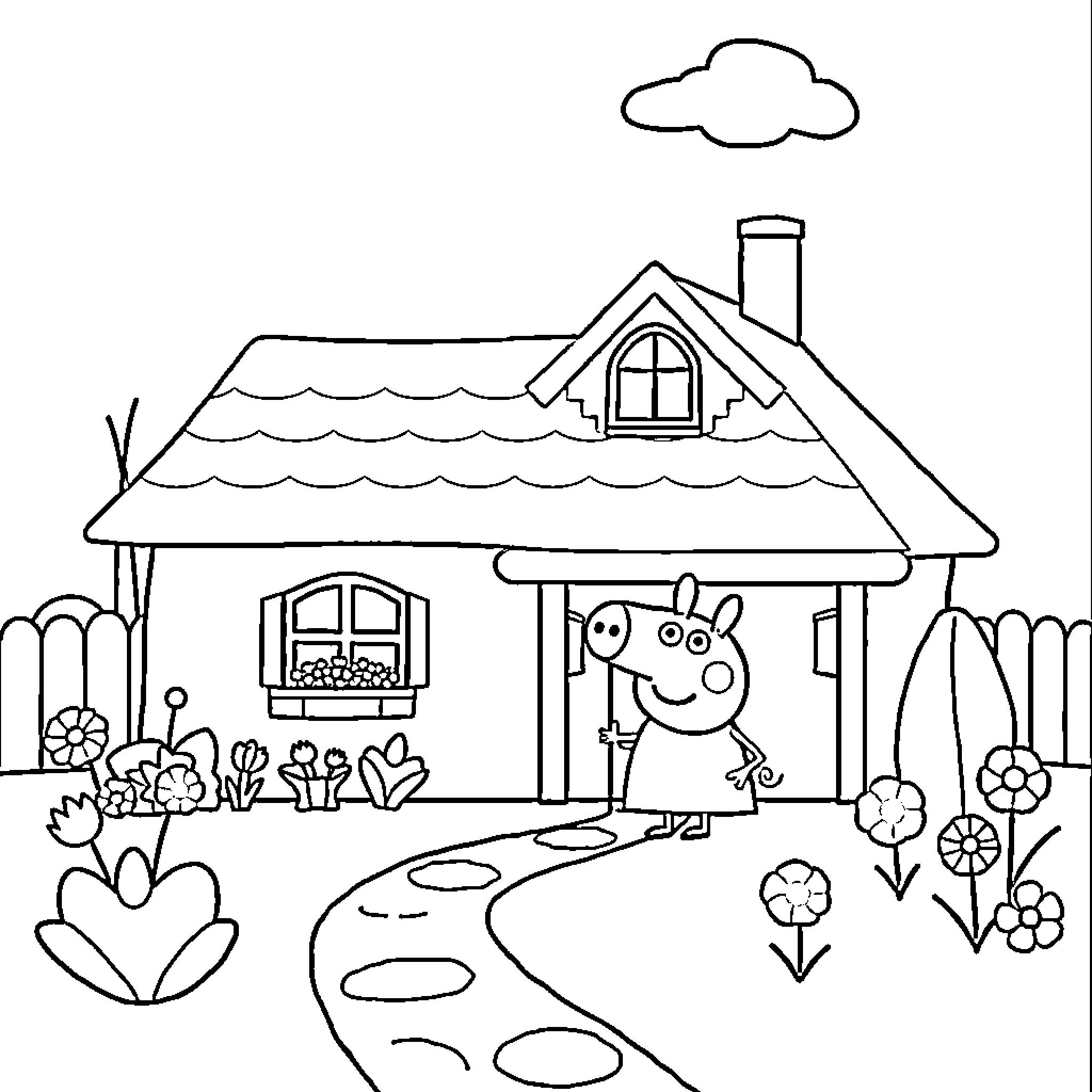 Peppa Pig playing at her home Coloring Page (free black-and-white line drawing printable PDF for all, from beginners to advanced learners, including children, teens, adults, and seniors)