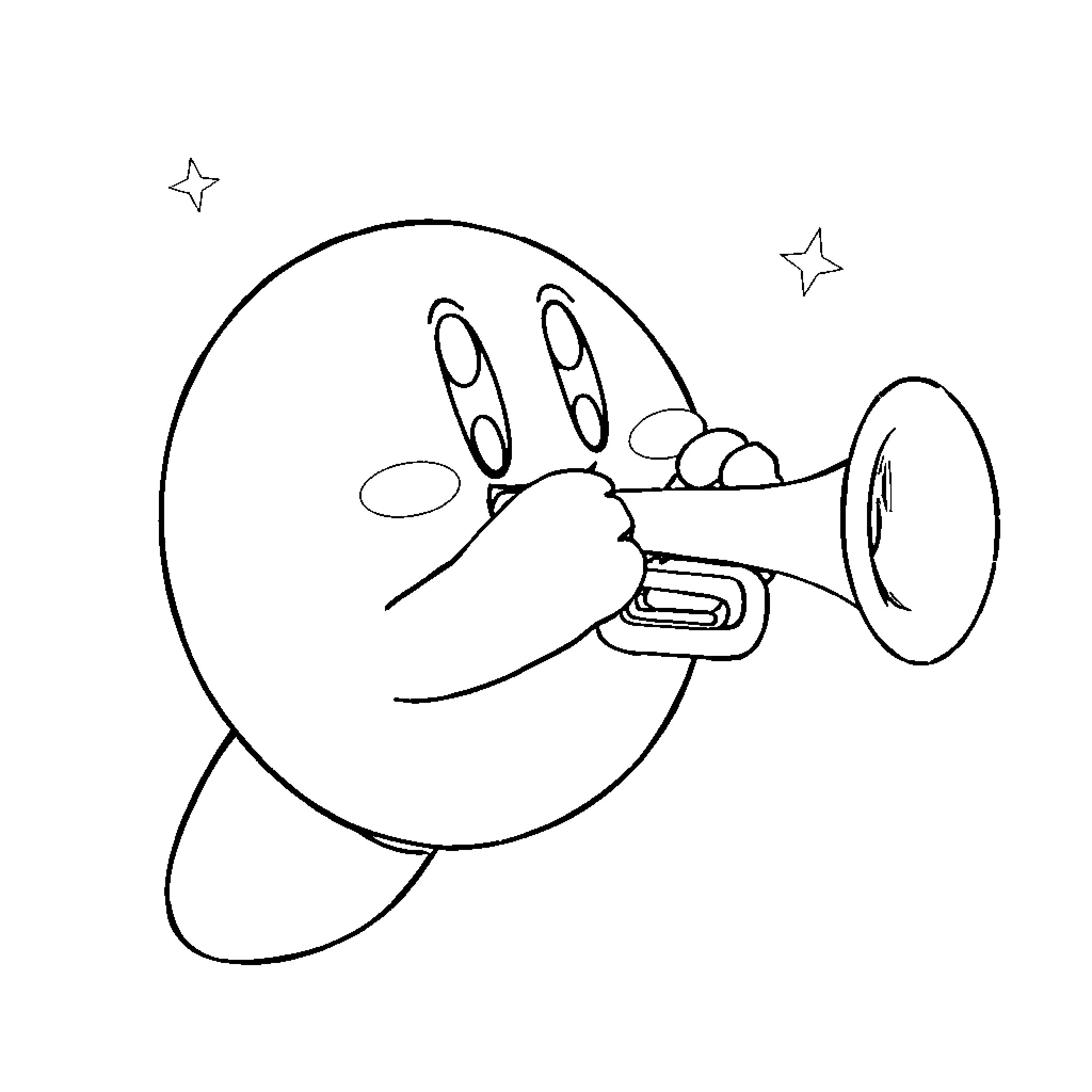 Kirby playing a trumpet and surrounded by stars Coloring Page (free black-and-white line drawing printable PDF for all, from beginners to advanced learners, including children, teens, adults, and seniors)