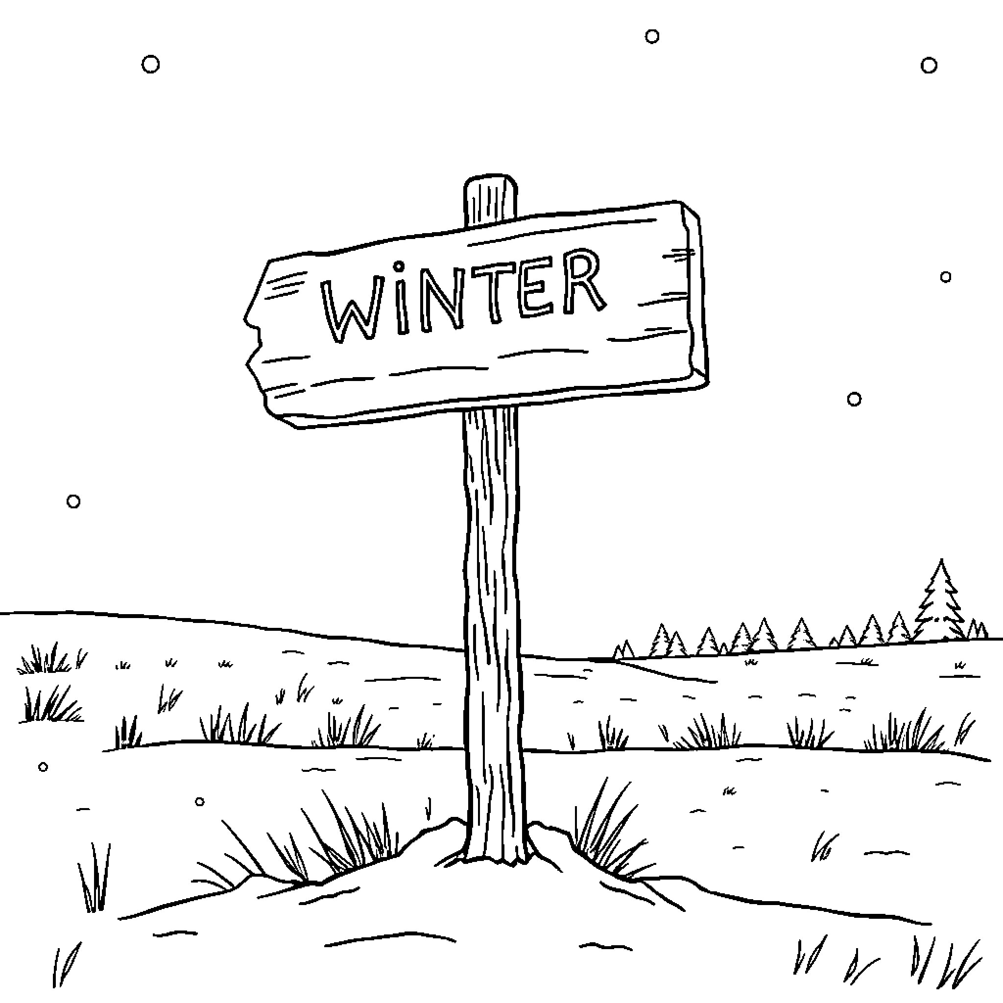 Sign marking the arrival of winter in a snowy landscape Coloring Page (free black-and-white line drawing printable PDF for all, from beginners to advanced learners, including children, teens, adults, and seniors)