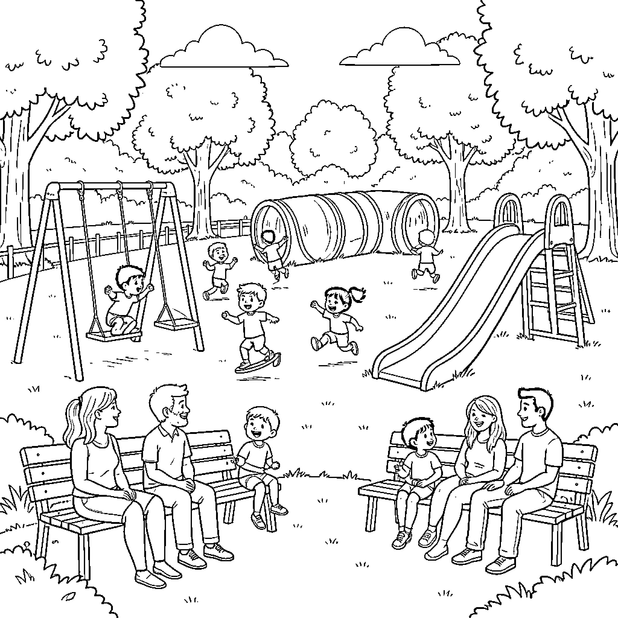 Niños playing and relaxing at the park Coloring Page (free black-and-white line drawing printable PDF for all, from beginners to advanced learners, including children, teens, adults, and seniors)
