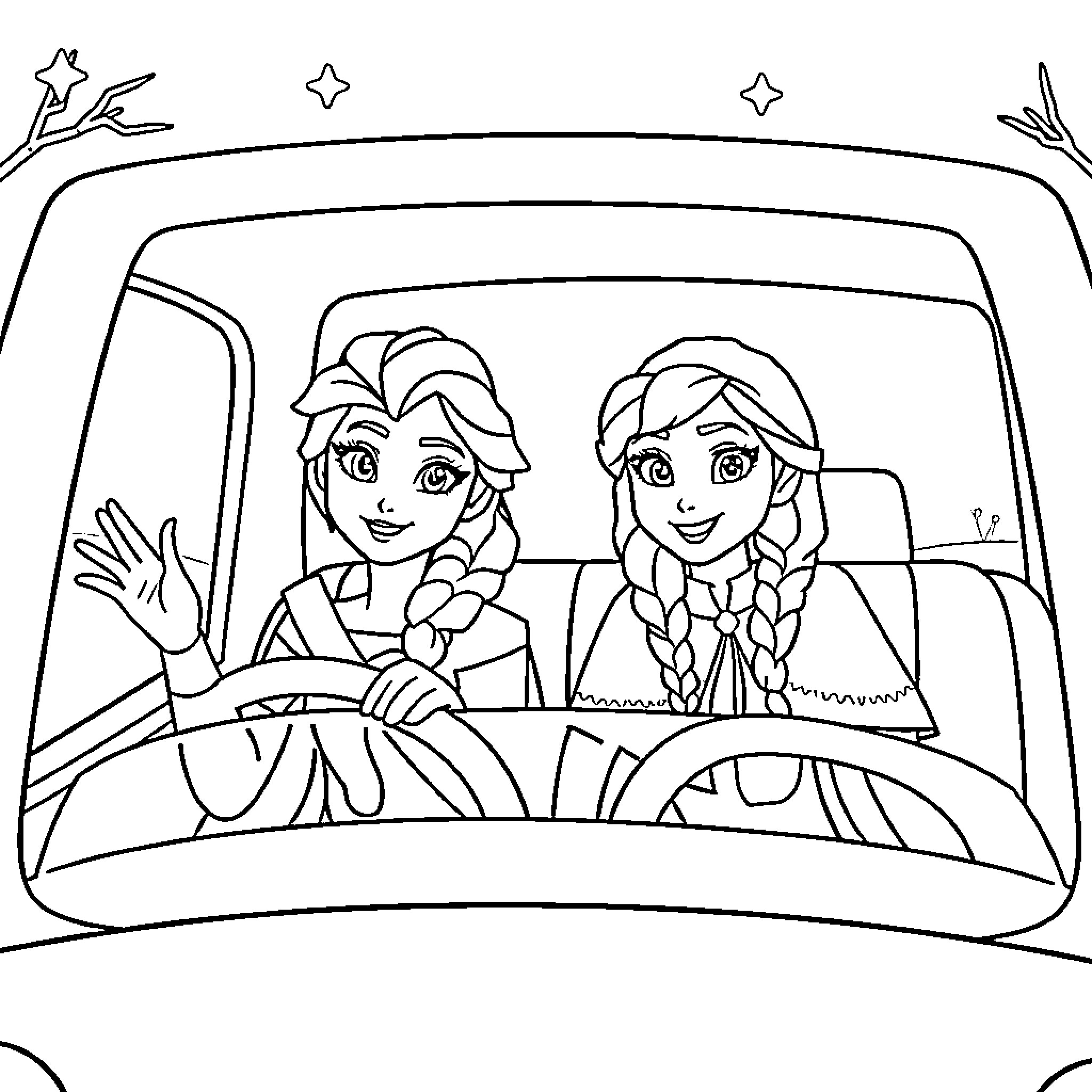 Frozen Sisters Driving Together in Car Coloring Page (free black-and-white line drawing printable PDF for all, from beginners to advanced learners, including children, teens, adults, and seniors)