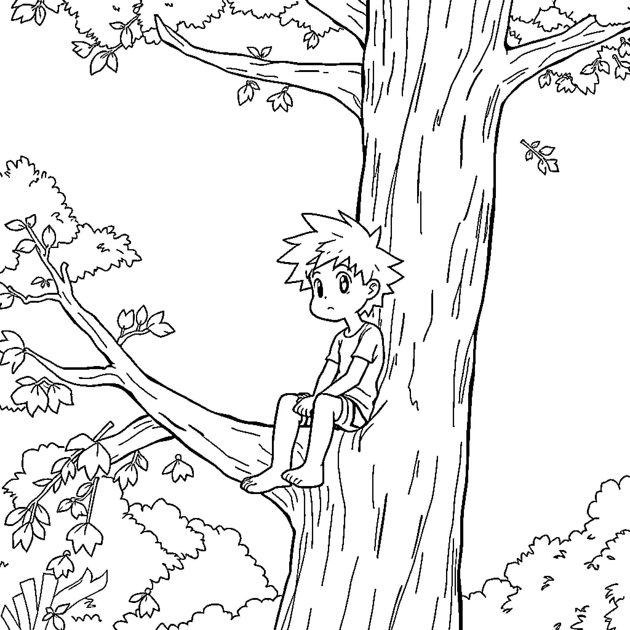 Deku sitting quietly in a forest Coloring Page (free black-and-white line drawing printable PDF for all, from beginners to advanced learners, including children, teens, adults, and seniors)