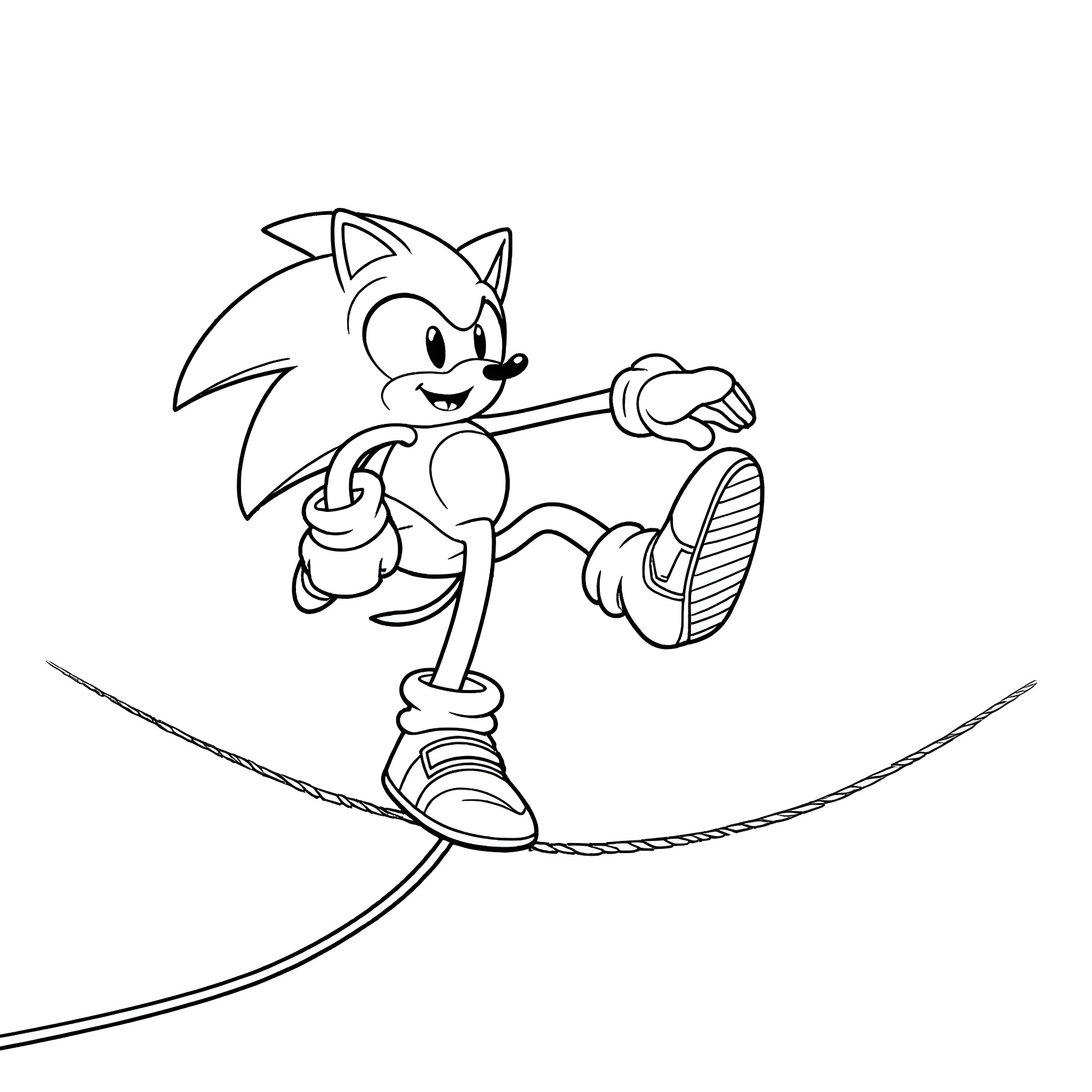 Sonic balancing on a tightrope Coloring Page (free black-and-white line drawing printable PDF for all, from beginners to advanced learners, including children, teens, adults, and seniors)