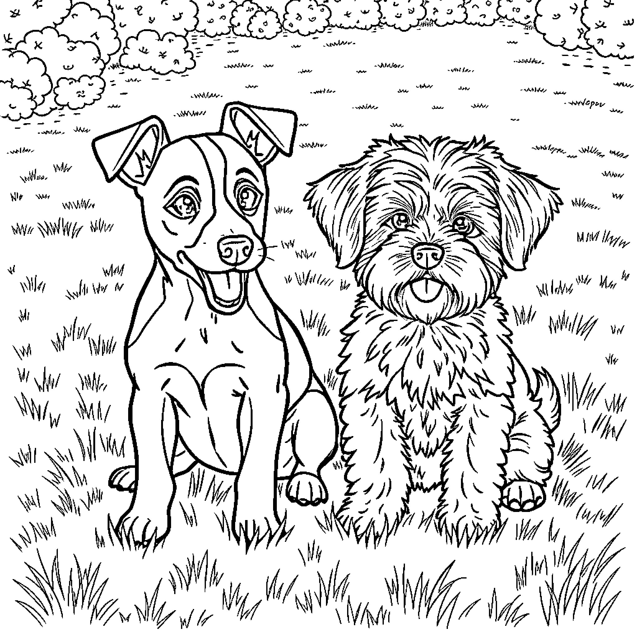 Dog Friends Exploring the Grassy Outdoors Coloring Page (free black-and-white line drawing printable PDF for all, from beginners to advanced learners, including children, teens, adults, and seniors)