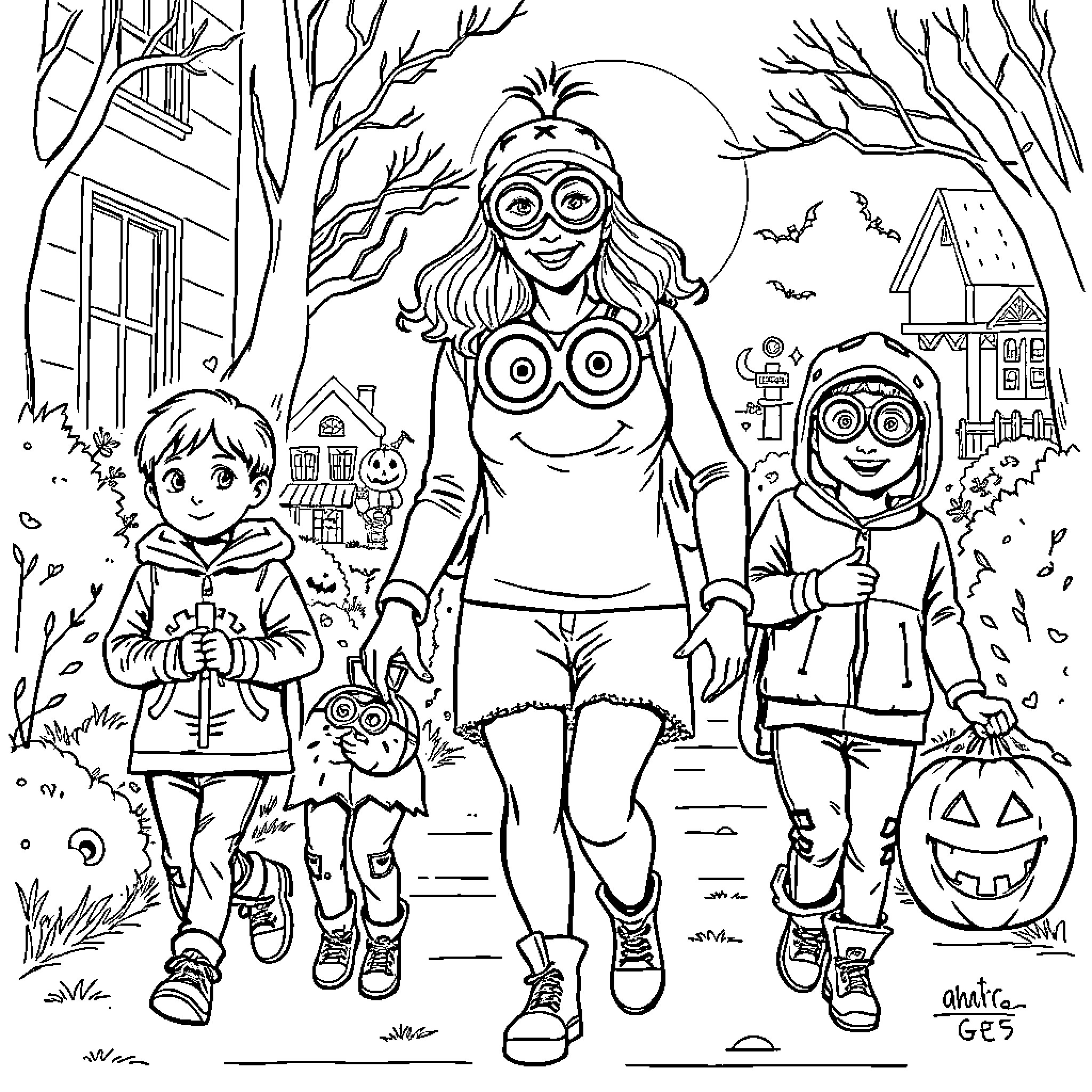 Woman taking children trick-or-treating on Halloween night Coloring Page (free black-and-white line drawing printable PDF for all, from beginners to advanced learners, including children, teens, adults, and seniors)