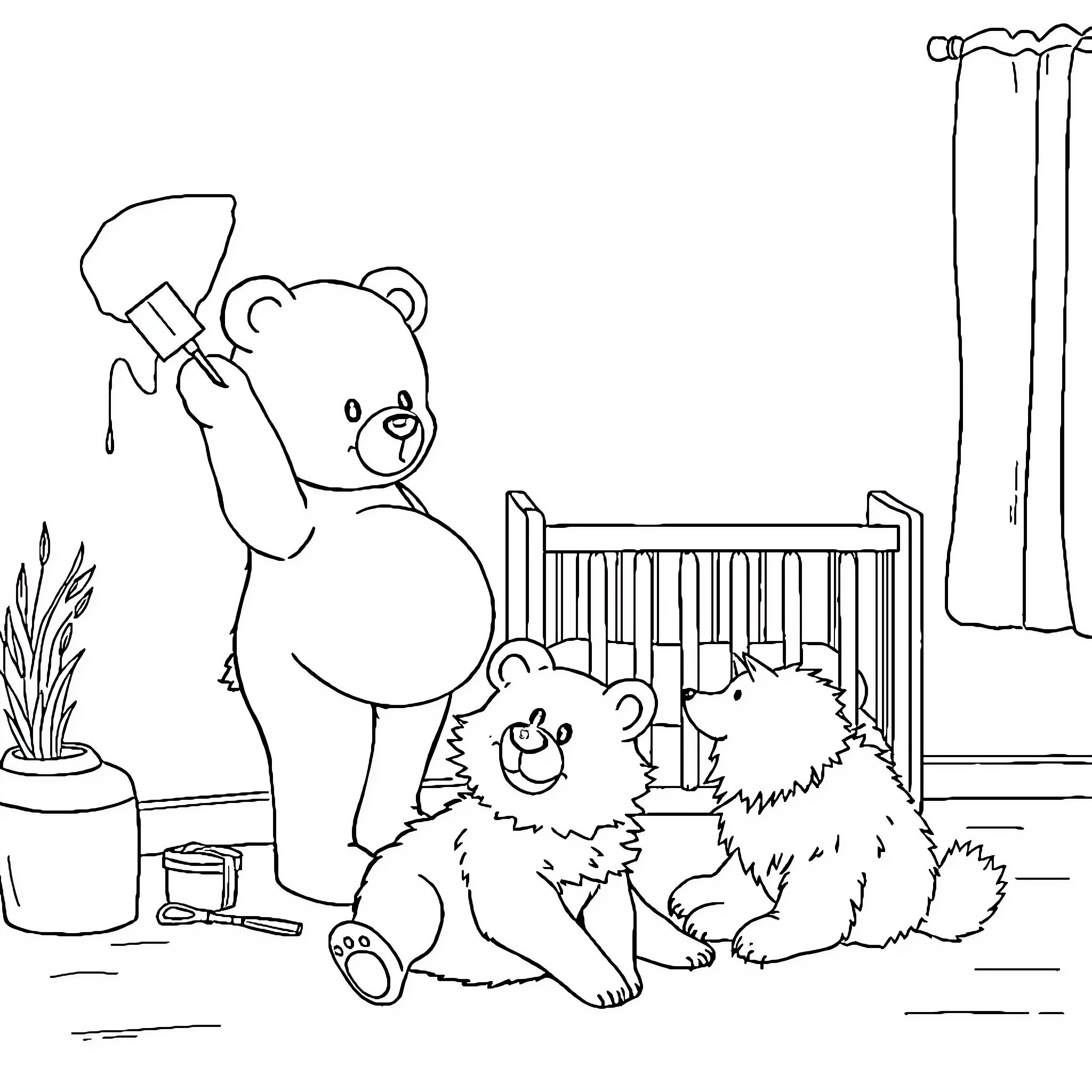 Teddy Bears Enjoying a Cozy Playroom Coloring Page (free black-and-white line drawing printable PDF for all, from beginners to advanced learners, including children, teens, adults, and seniors)
