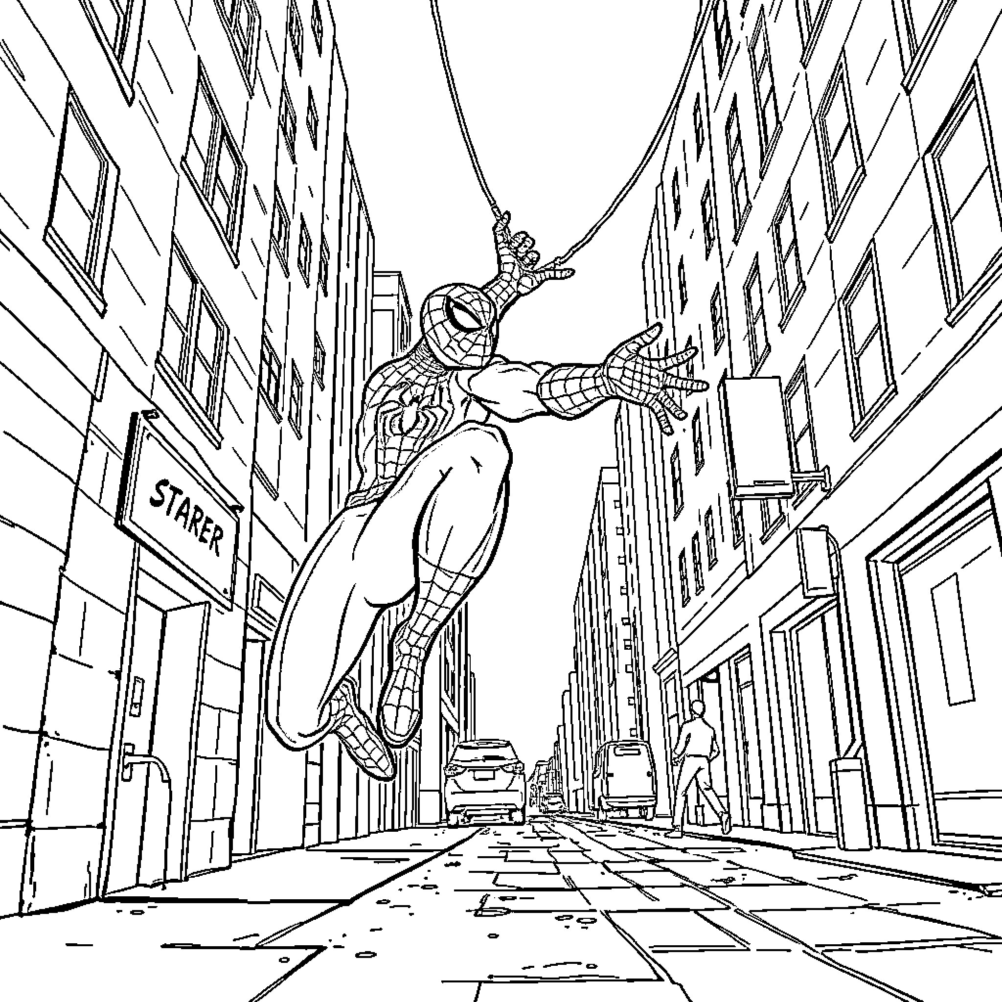 Spiderman swinging through the city streets Coloring Page (free black-and-white line drawing printable PDF for all, from beginners to advanced learners, including children, teens, adults, and seniors)
