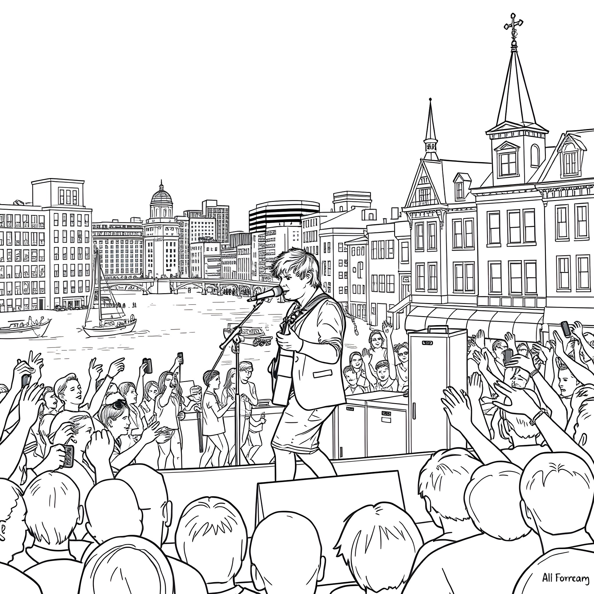 Ed Sheeran Performing for Adoring Crowd in City Skyline Coloring Page (free black-and-white line drawing printable PDF for all, from beginners to advanced learners, including children, teens, adults, and seniors)