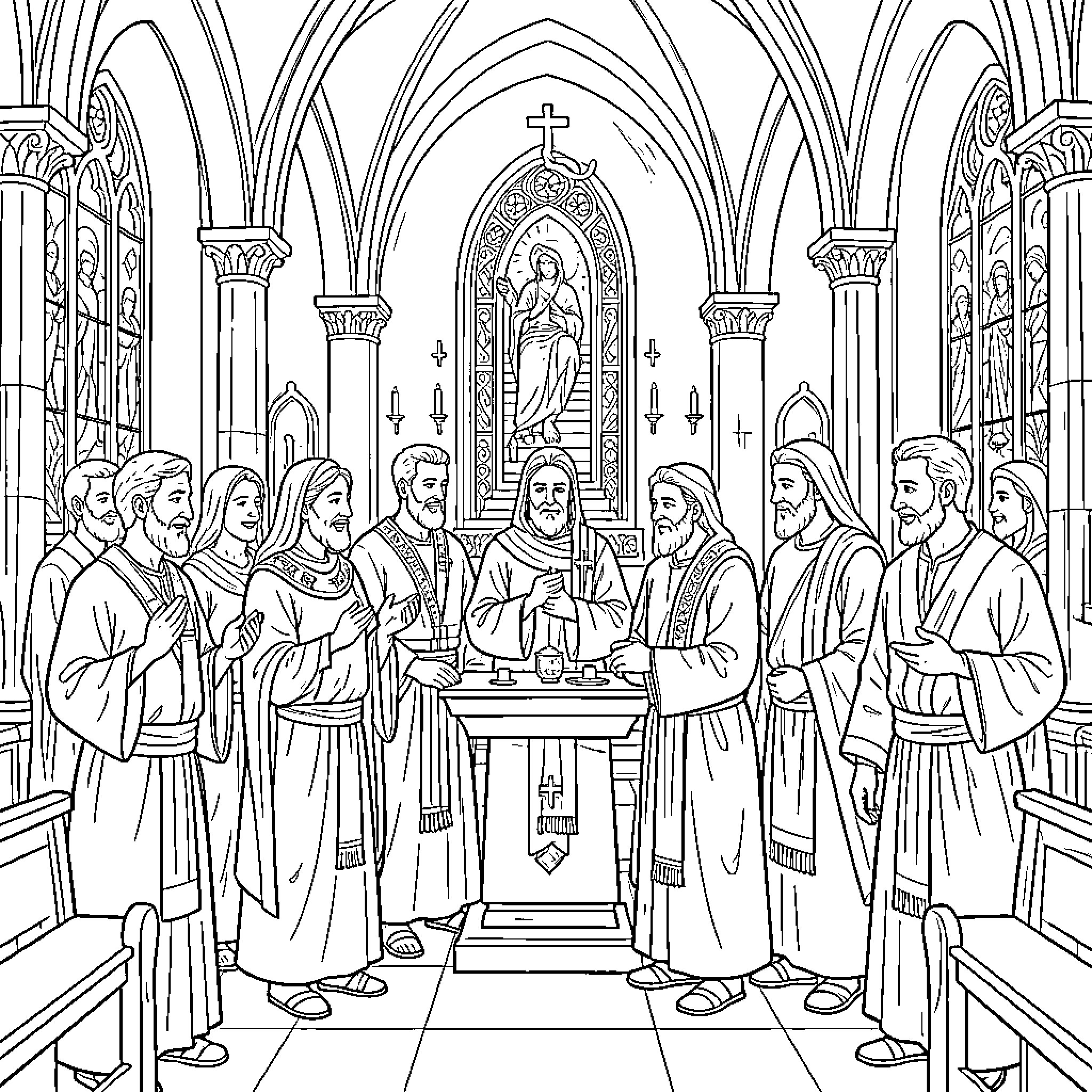 Sacrament of Holy Communion performed by priest and disciples Coloring Page (free black-and-white line drawing printable PDF for all, from beginners to advanced learners, including children, teens, adults, and seniors)