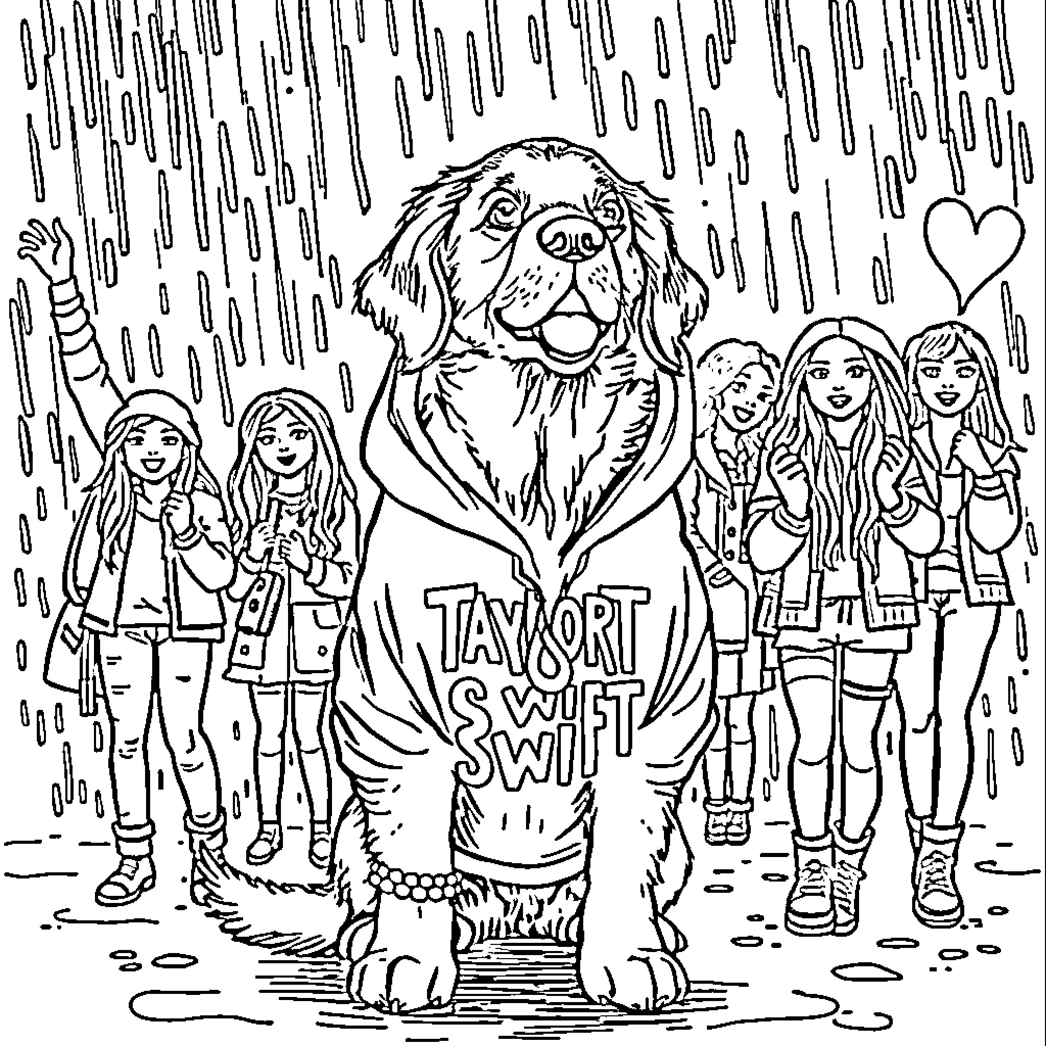 Golden Retriever with Taylor Swift fans in the rain Coloring Page (free black-and-white line drawing printable PDF for all, from beginners to advanced learners, including children, teens, adults, and seniors)