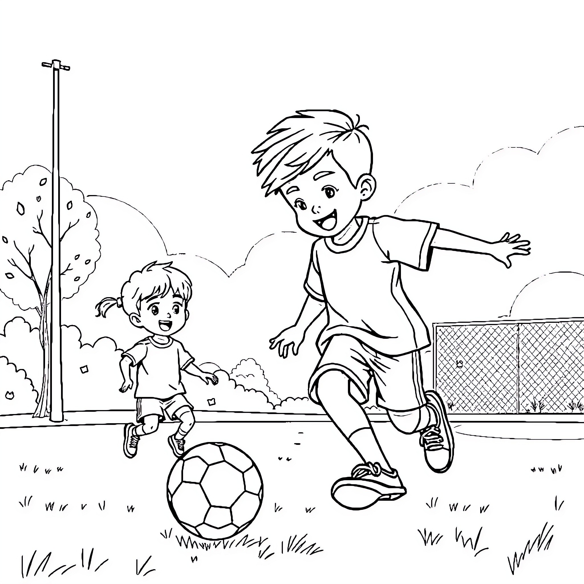 Noko Boys Playing Soccer in the Park Coloring Page (free black-and-white line drawing printable PDF for all, from beginners to advanced learners, including children, teens, adults, and seniors)