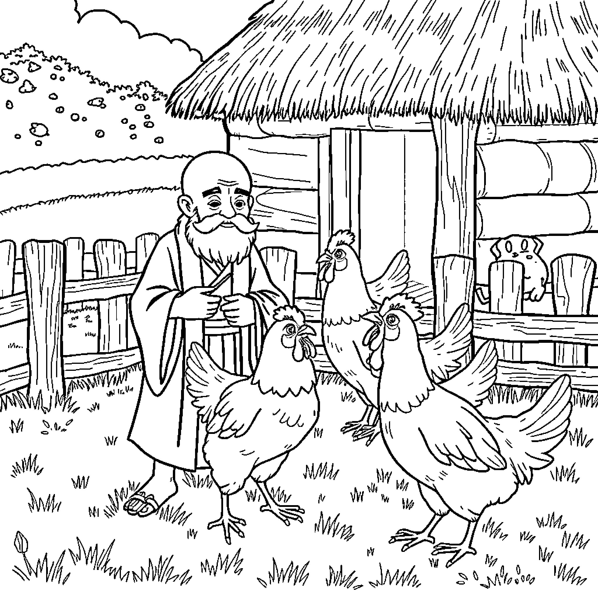 Chicken herder tending to his flock near rural hut Coloring Page (free black-and-white line drawing printable PDF for all, from beginners to advanced learners, including children, teens, adults, and seniors)
