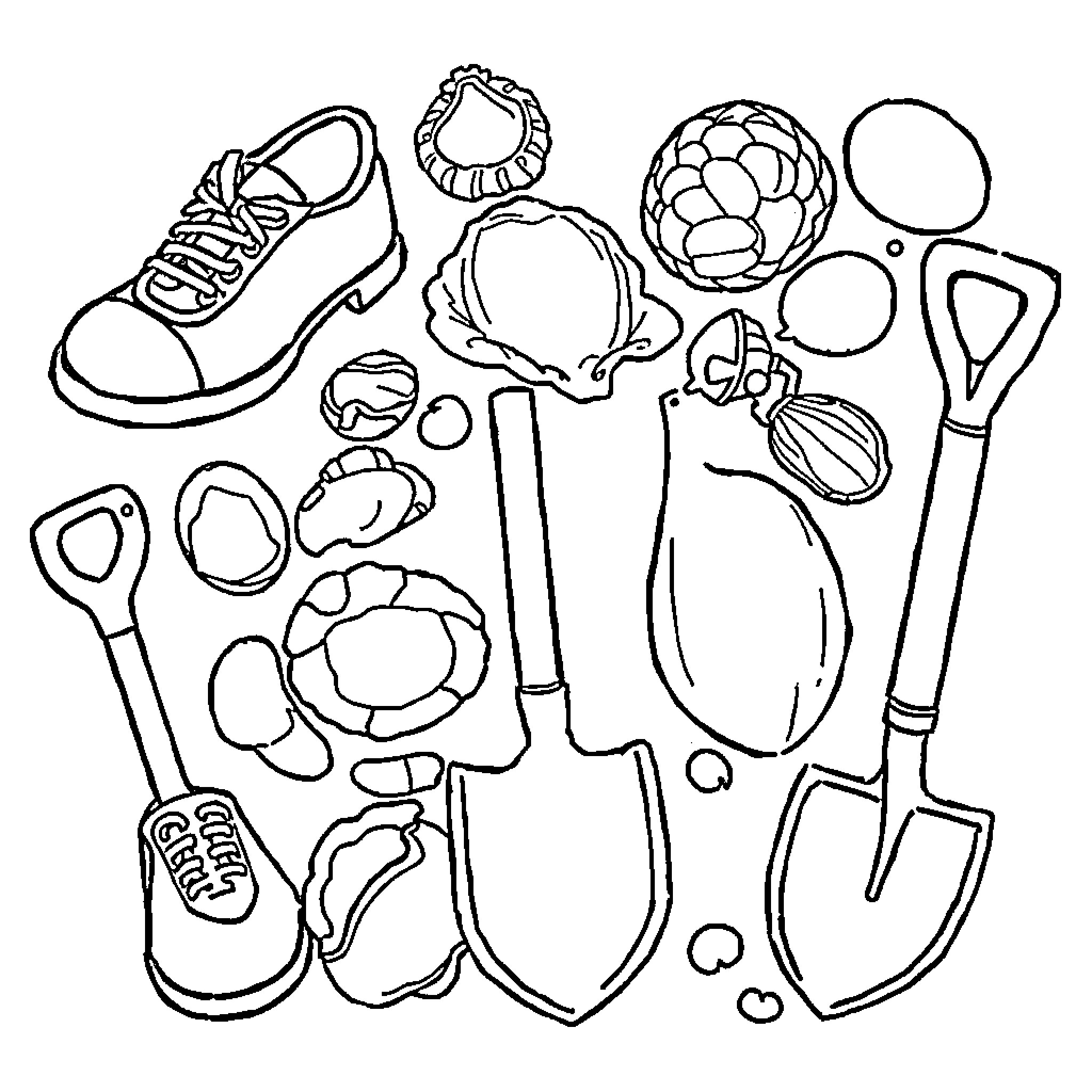 Sh Sound - Gardening tools and equipment Coloring Page (free black-and-white line drawing printable PDF for all, from beginners to advanced learners, including children, teens, adults, and seniors)