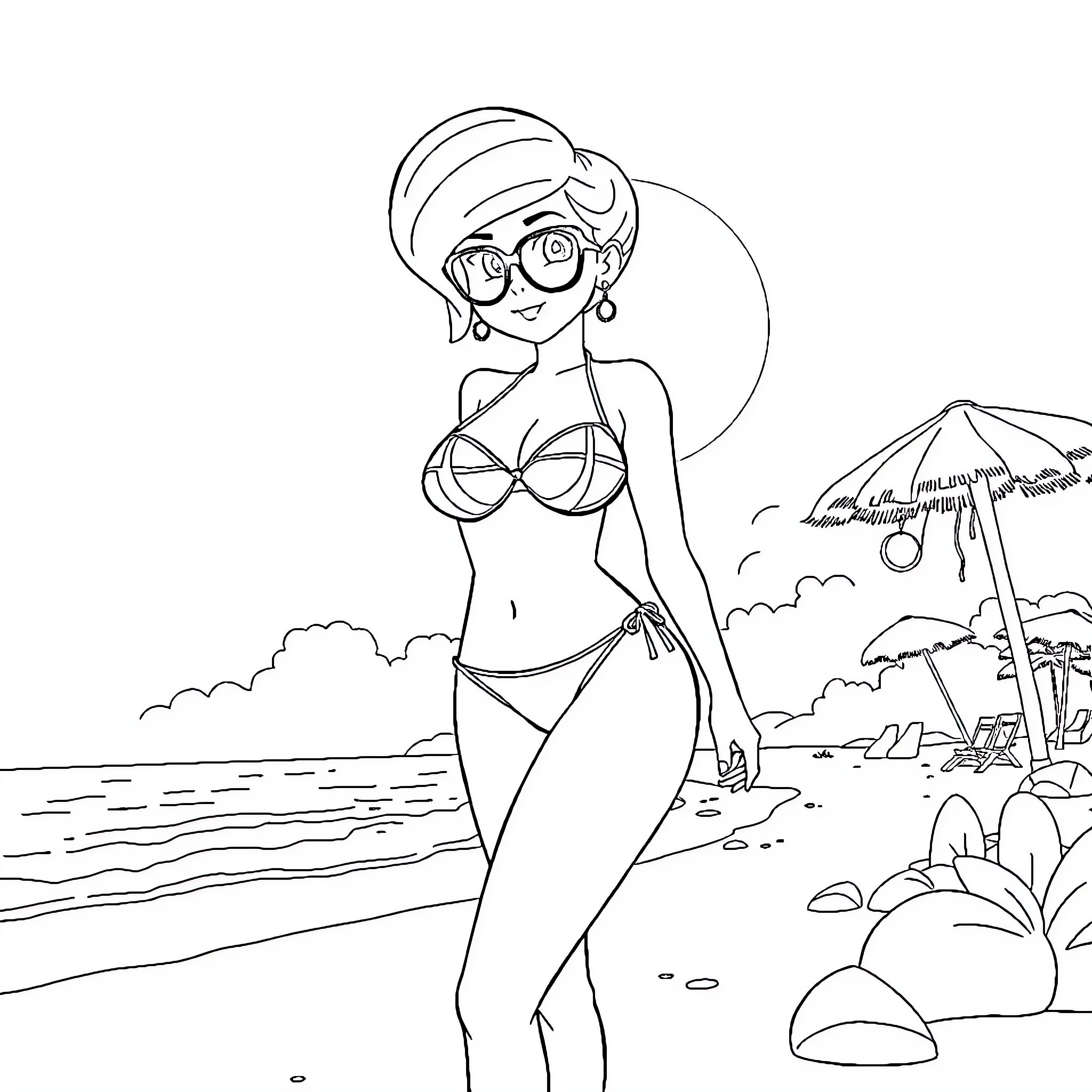 Bulma enjoying a day at the beach Coloring Page (free black-and-white line drawing printable PDF for all, from beginners to advanced learners, including children, teens, adults, and seniors)