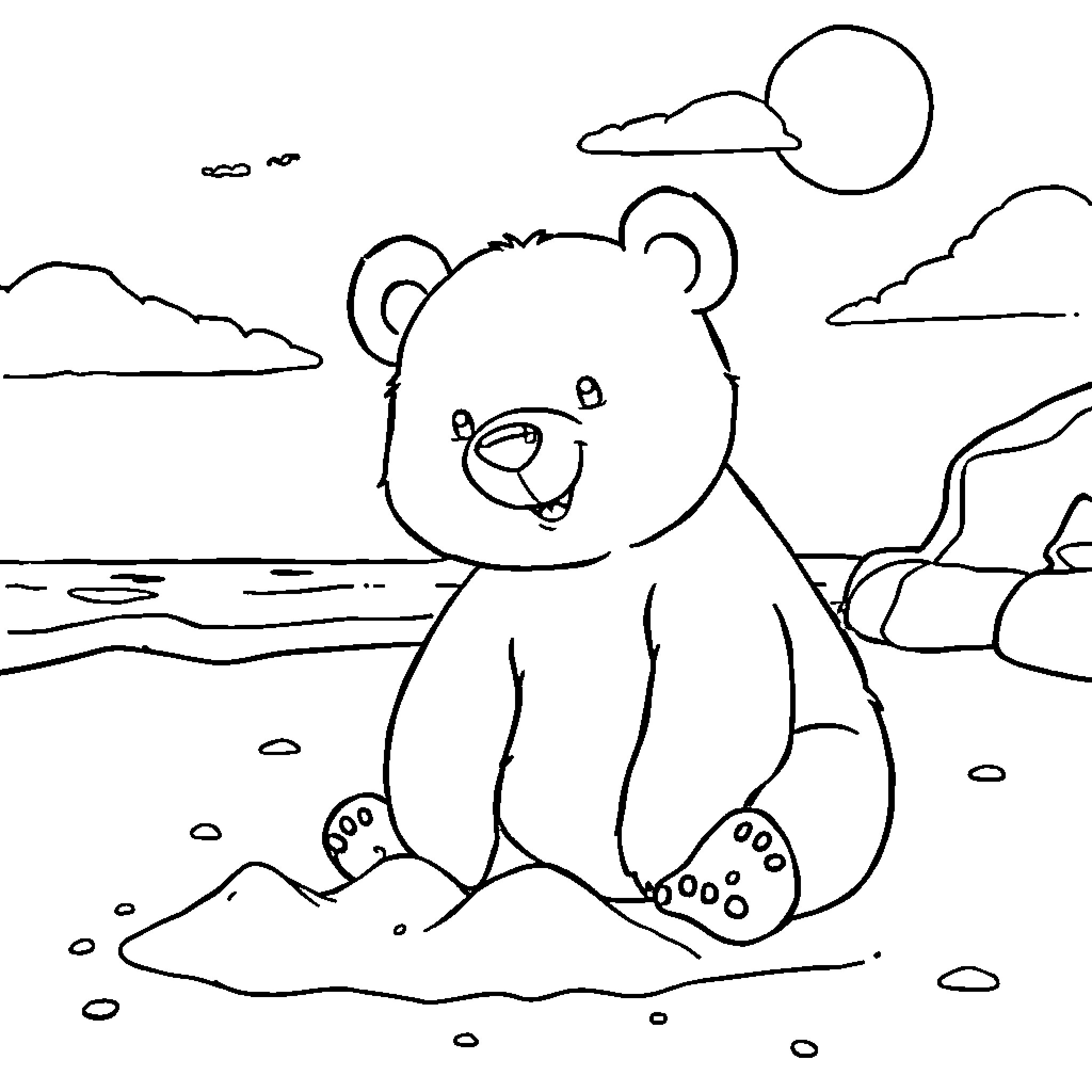 Bear enjoying a sunny day at the beach Coloring Page (free black-and-white line drawing printable PDF for all, from beginners to advanced learners, including children, teens, adults, and seniors)