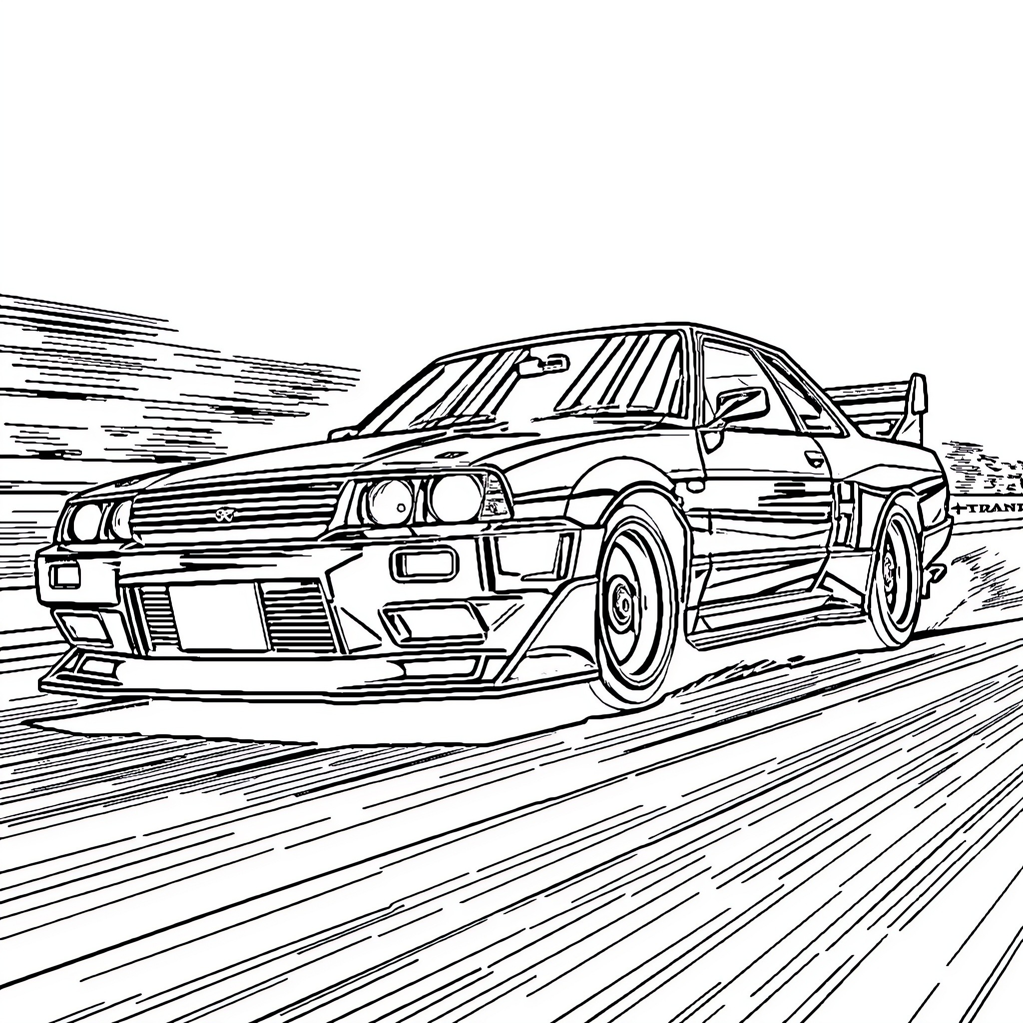 Nissan racing sports car speeding on the road Coloring Page (free black-and-white line drawing printable PDF for all, from beginners to advanced learners, including children, teens, adults, and seniors)