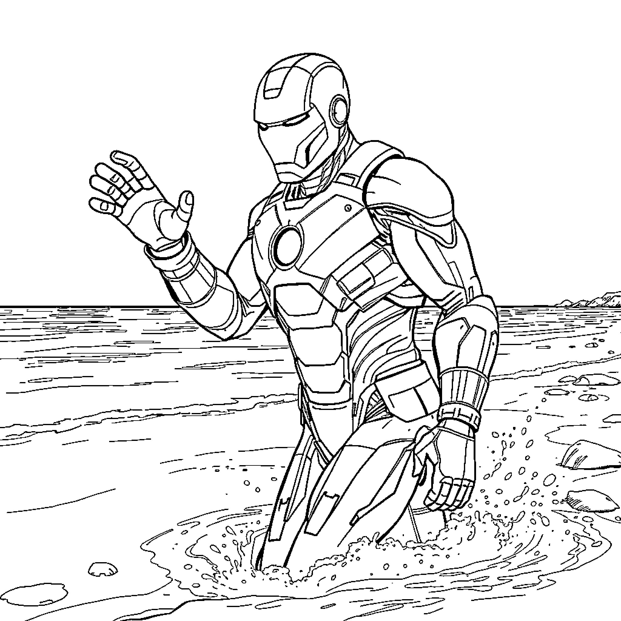 Ironman wades through the surf Coloring Page (free black-and-white line drawing printable PDF for all, from beginners to advanced learners, including children, teens, adults, and seniors)