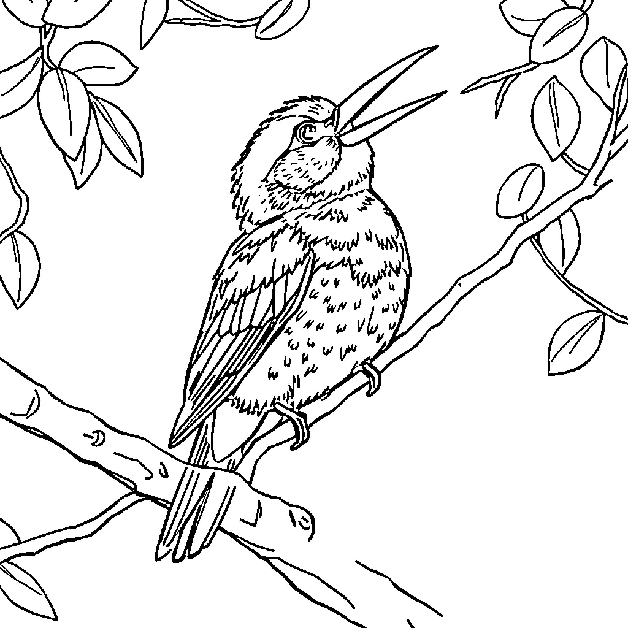 Bird resting on branch amidst foliage Coloring Page (free black-and-white line drawing printable PDF for all, from beginners to advanced learners, including children, teens, adults, and seniors)