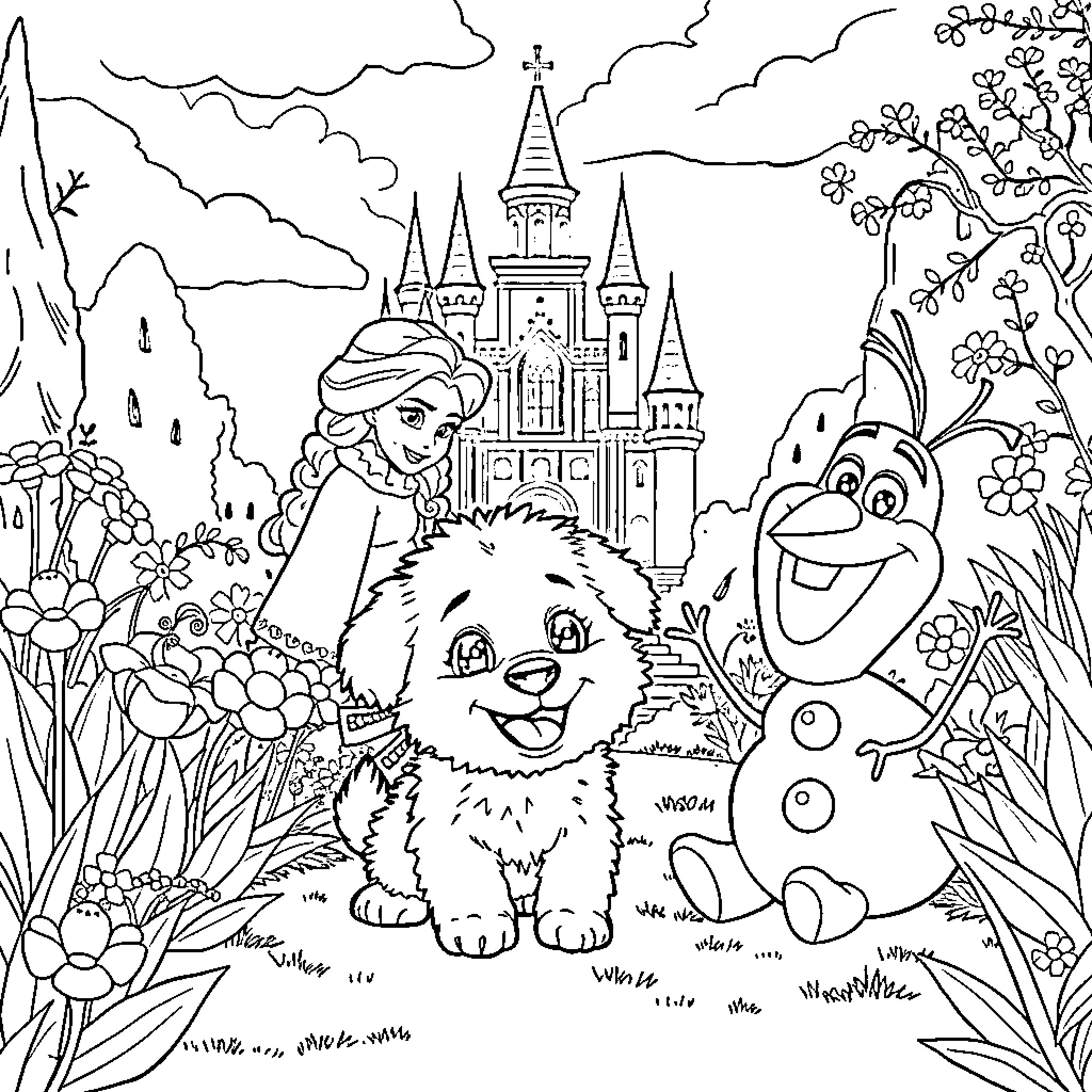 Dog and Snowman Exploring Disney Castle Coloring Page (free black-and-white line drawing printable PDF for all, from beginners to advanced learners, including children, teens, adults, and seniors)