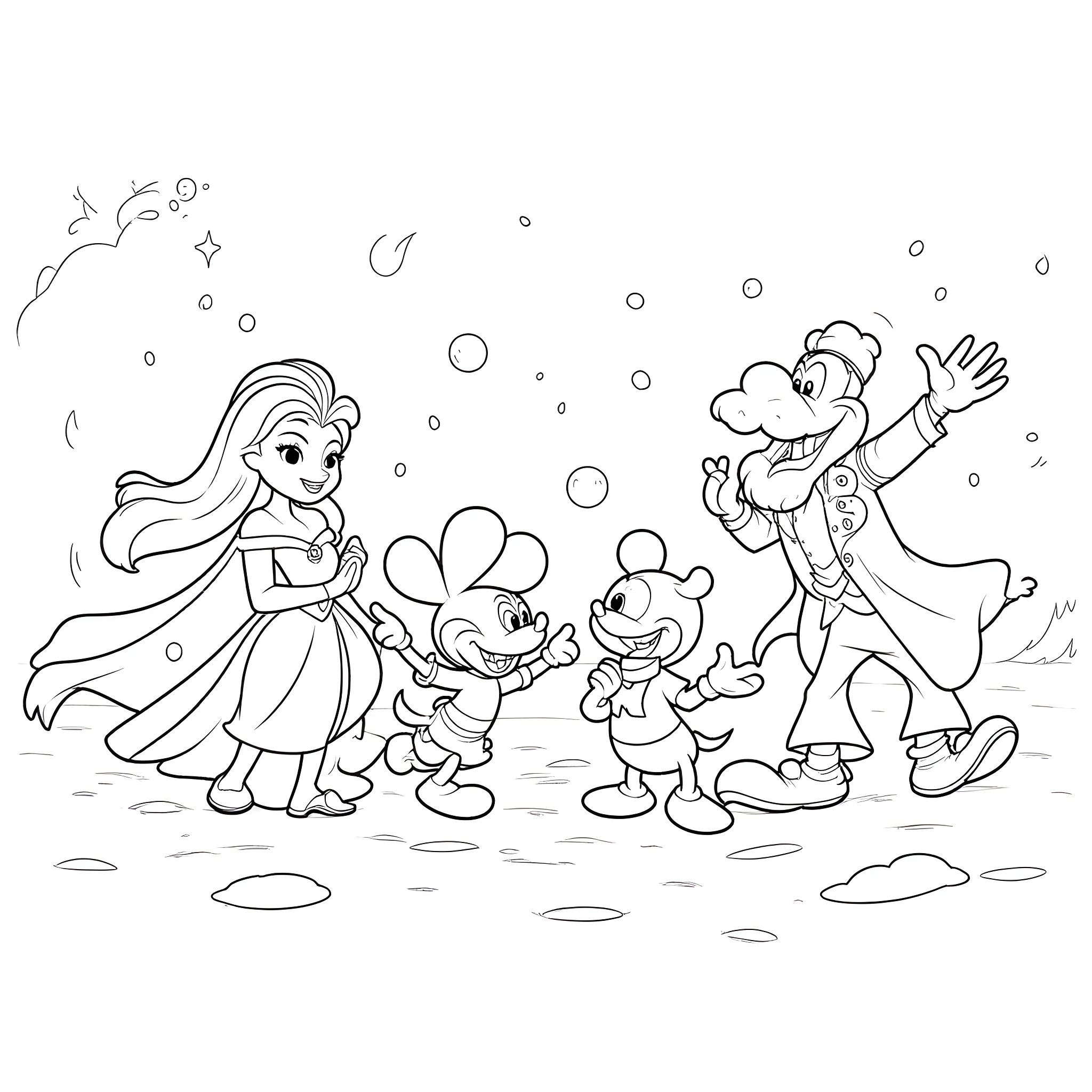 Frozen Characters Playing in the Snow Coloring Page (free black-and-white line drawing printable PDF for all, from beginners to advanced learners, including children, teens, adults, and seniors)