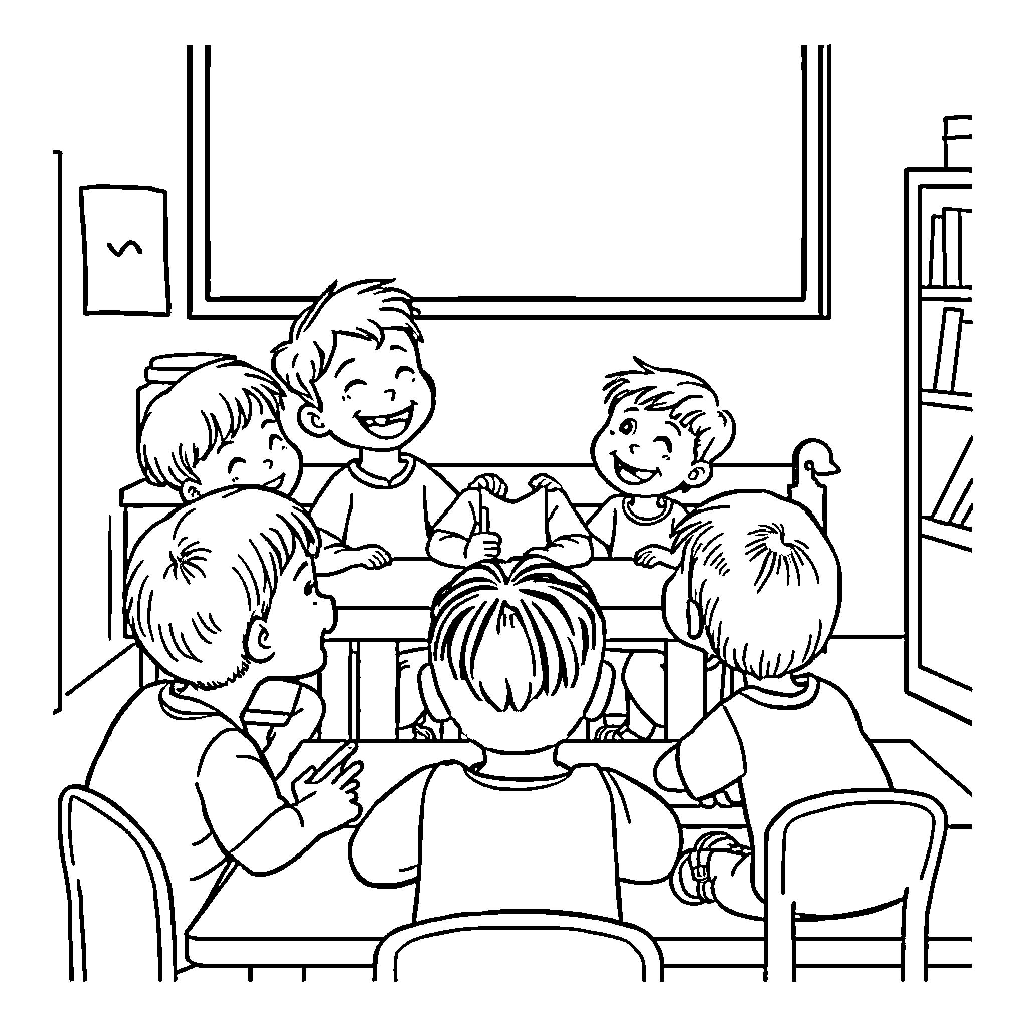 Kid friends enjoying a fun activity together Coloring Page (free black-and-white line drawing printable PDF for all, from beginners to advanced learners, including children, teens, adults, and seniors)