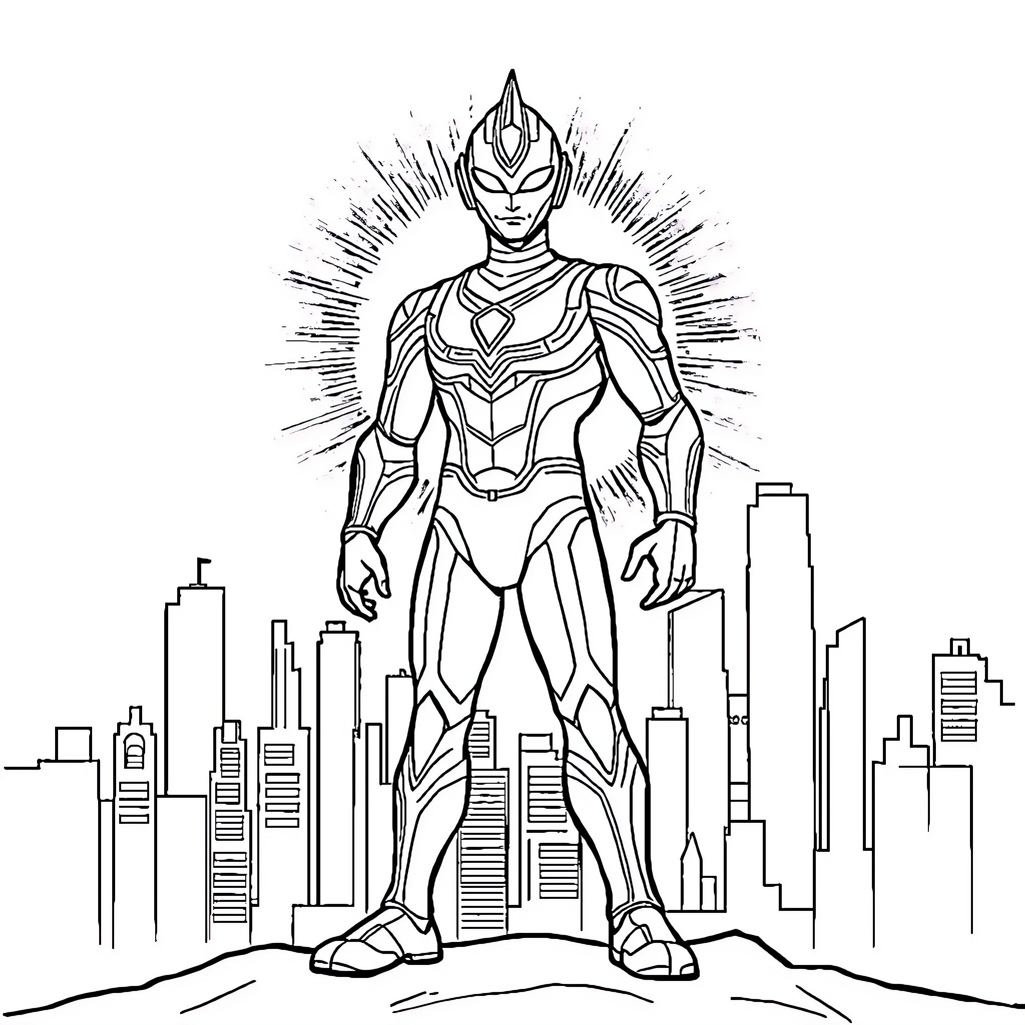 Ultraman hero battling against the city skyline Coloring Page (free black-and-white line drawing printable PDF for all, from beginners to advanced learners, including children, teens, adults, and seniors)