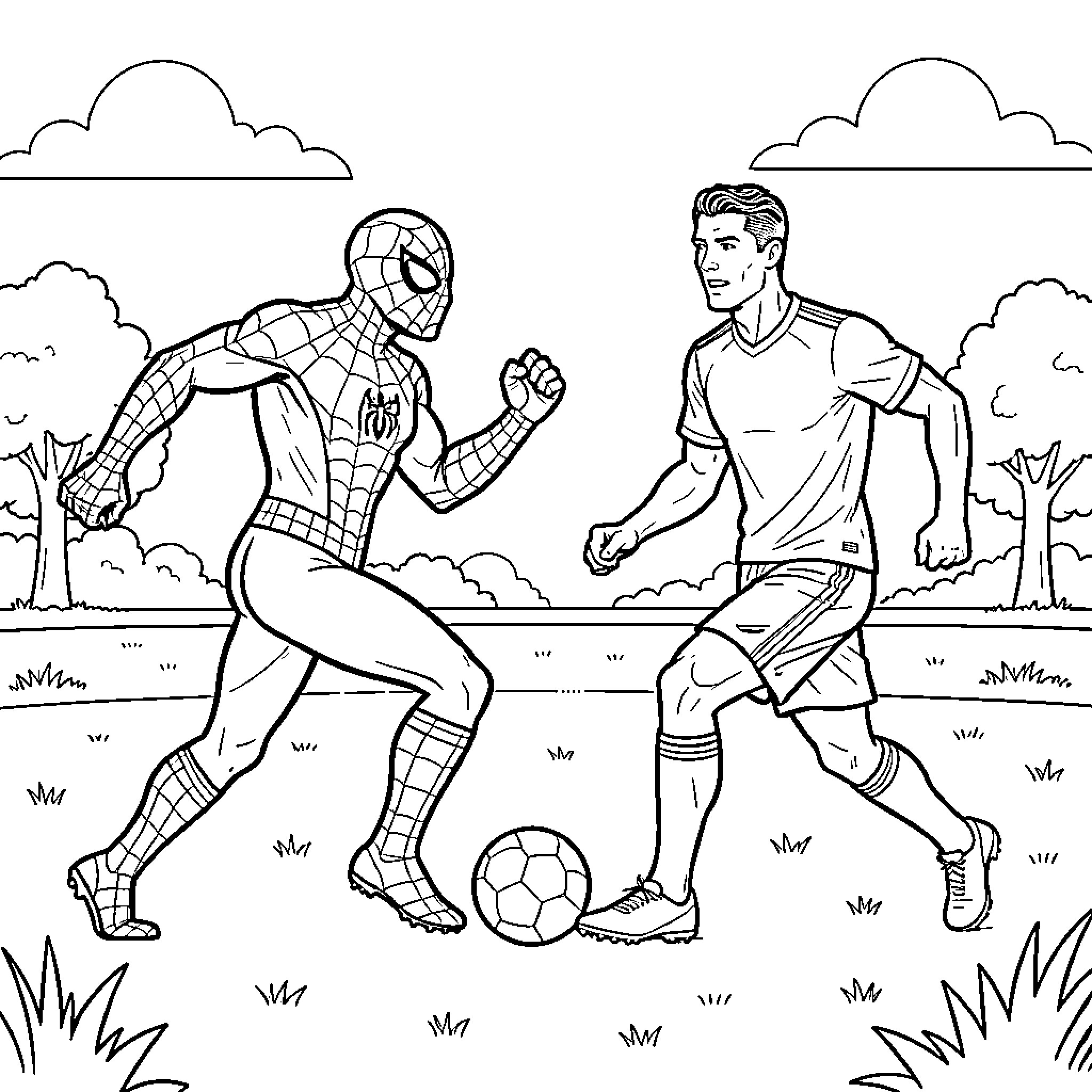 Spiderman playing soccer against a man in a park Coloring Page (free black-and-white line drawing printable PDF for all, from beginners to advanced learners, including children, teens, adults, and seniors)
