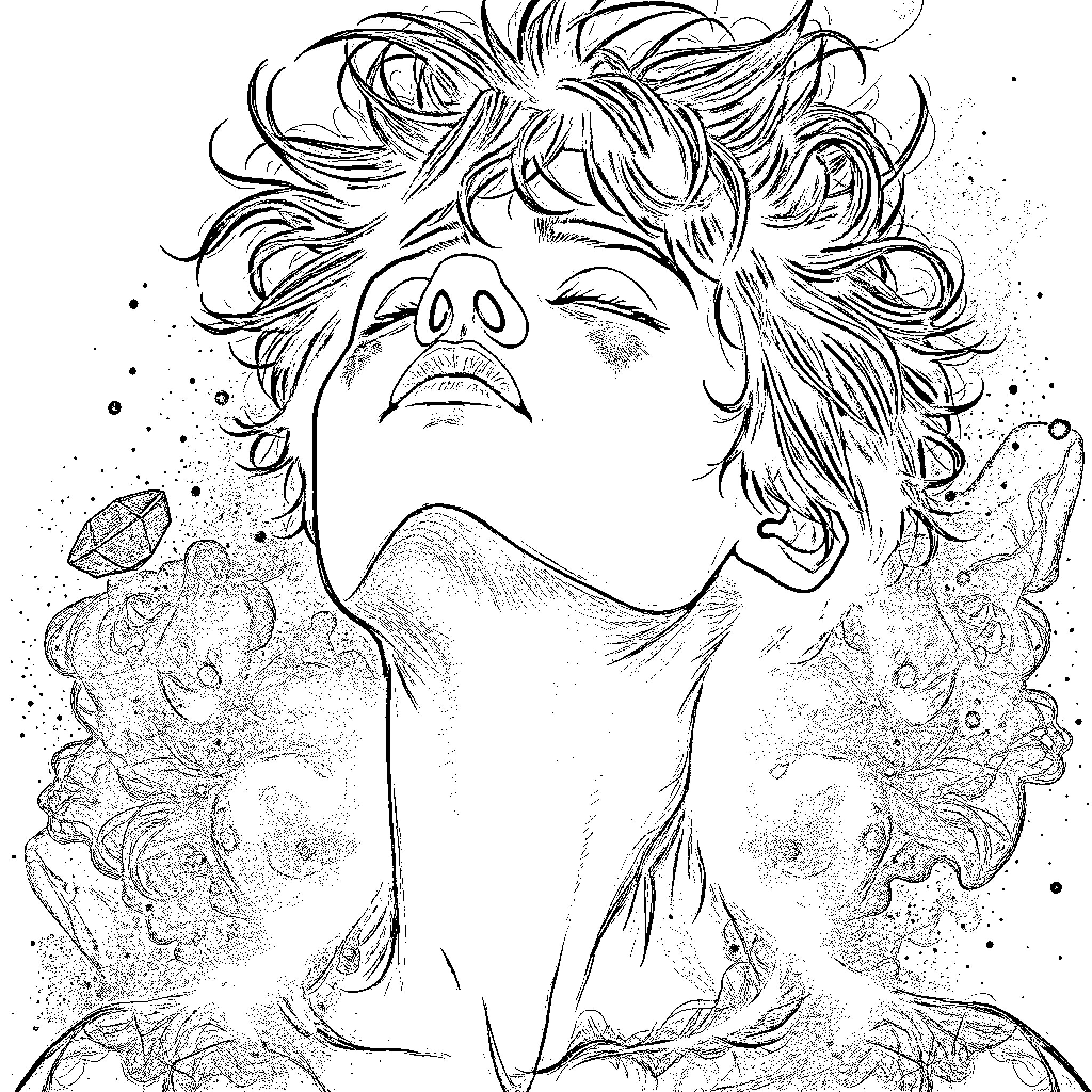 Person with wild, expressive hair and floral elements Coloring Page (free black-and-white line drawing printable PDF for all, from beginners to advanced learners, including children, teens, adults, and seniors)