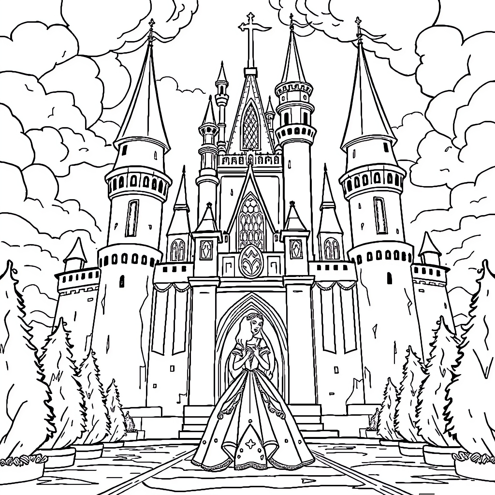 Princess in a grand castle with towers and spires Coloring Page (free black-and-white line drawing printable PDF for all, from beginners to advanced learners, including children, teens, adults, and seniors)