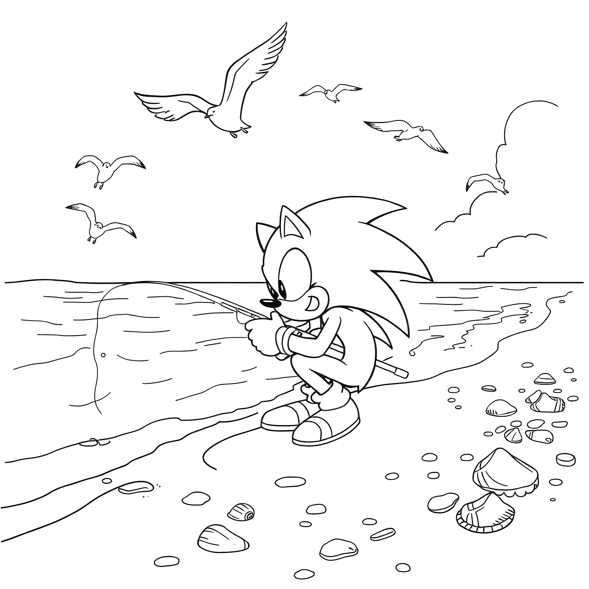 Sonic running along the beach with seagulls Coloring Page (free black-and-white line drawing printable PDF for all, from beginners to advanced learners, including children, teens, adults, and seniors)