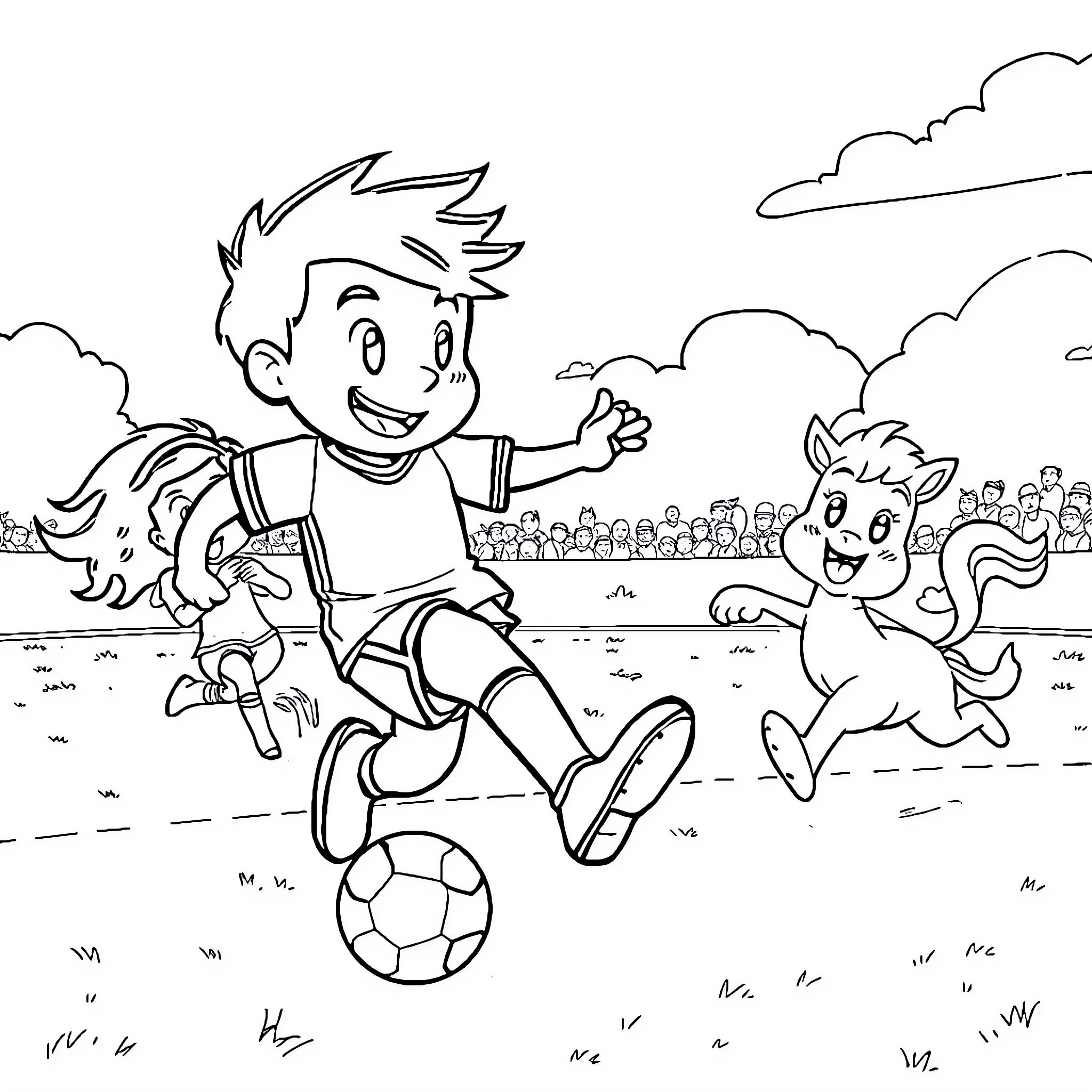 Momo's Playful Soccer Adventure Coloring Page (free black-and-white line drawing printable PDF for all, from beginners to advanced learners, including children, teens, adults, and seniors)