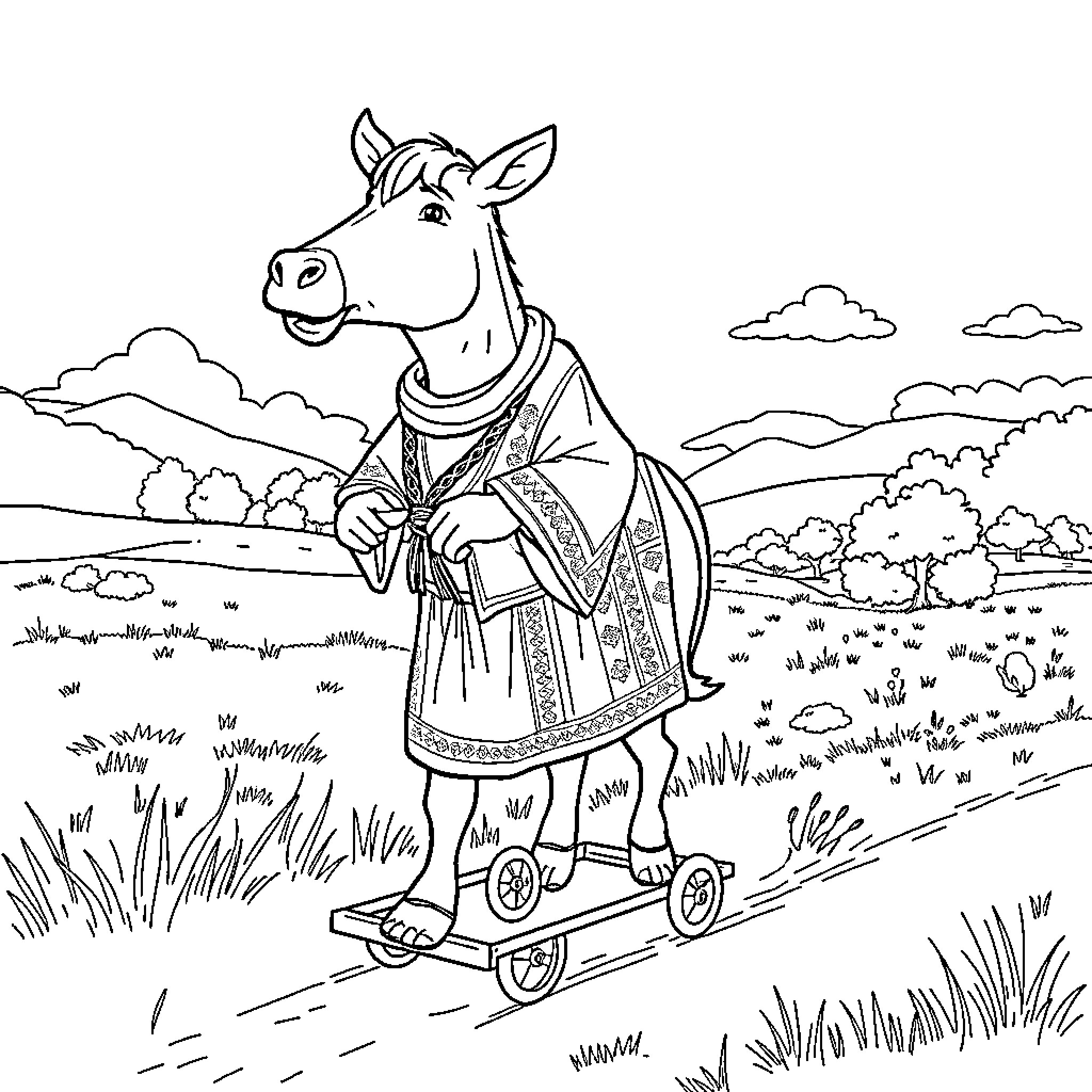Anatolian Shepherd riding a skateboard in a pastoral scene Coloring Page (free black-and-white line drawing printable PDF for all, from beginners to advanced learners, including children, teens, adults, and seniors)
