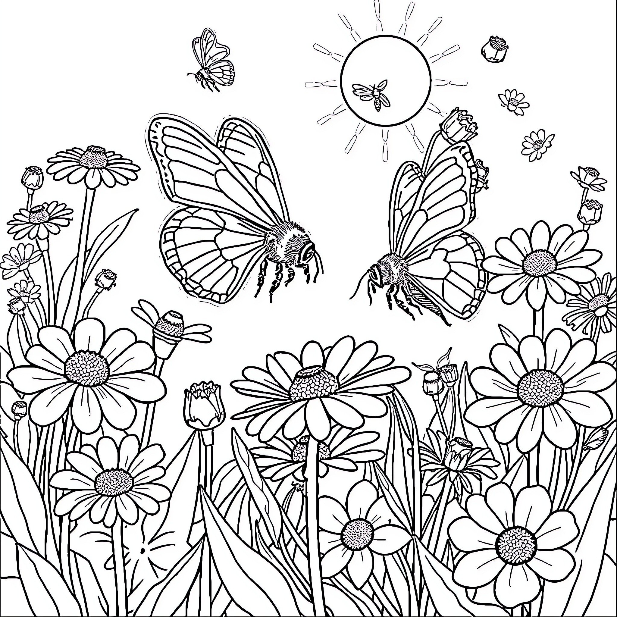 Pollinators dancing amongst vibrant wildflowers Coloring Page (free black-and-white line drawing printable PDF for all, from beginners to advanced learners, including children, teens, adults, and seniors)