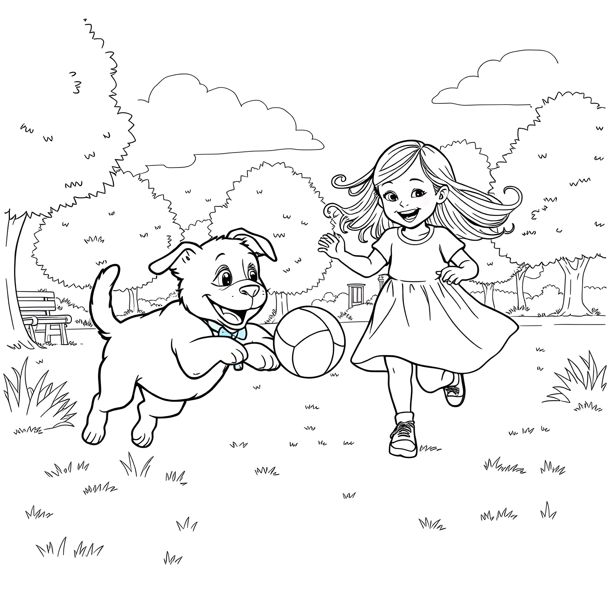 Puppy and girl playing happily in the park Coloring Page (free black-and-white line drawing printable PDF for all, from beginners to advanced learners, including children, teens, adults, and seniors)