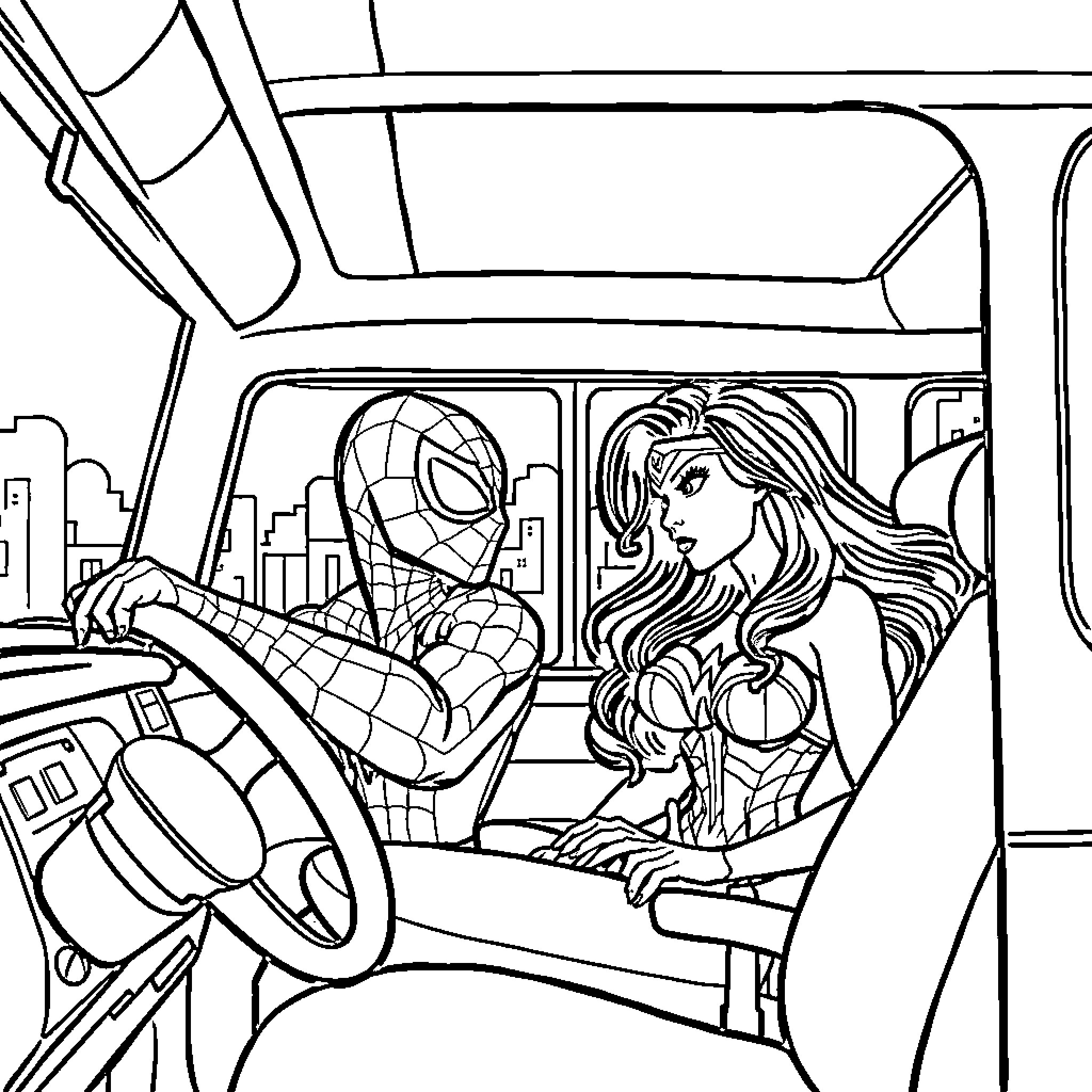 Spiderman Saving Distressed Woman in a Car Coloring Page (free black-and-white line drawing printable PDF for all, from beginners to advanced learners, including children, teens, adults, and seniors)